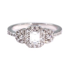 Certified Emerald Cut Diamond and Round Diamond Halo Cluster Engagement Ring