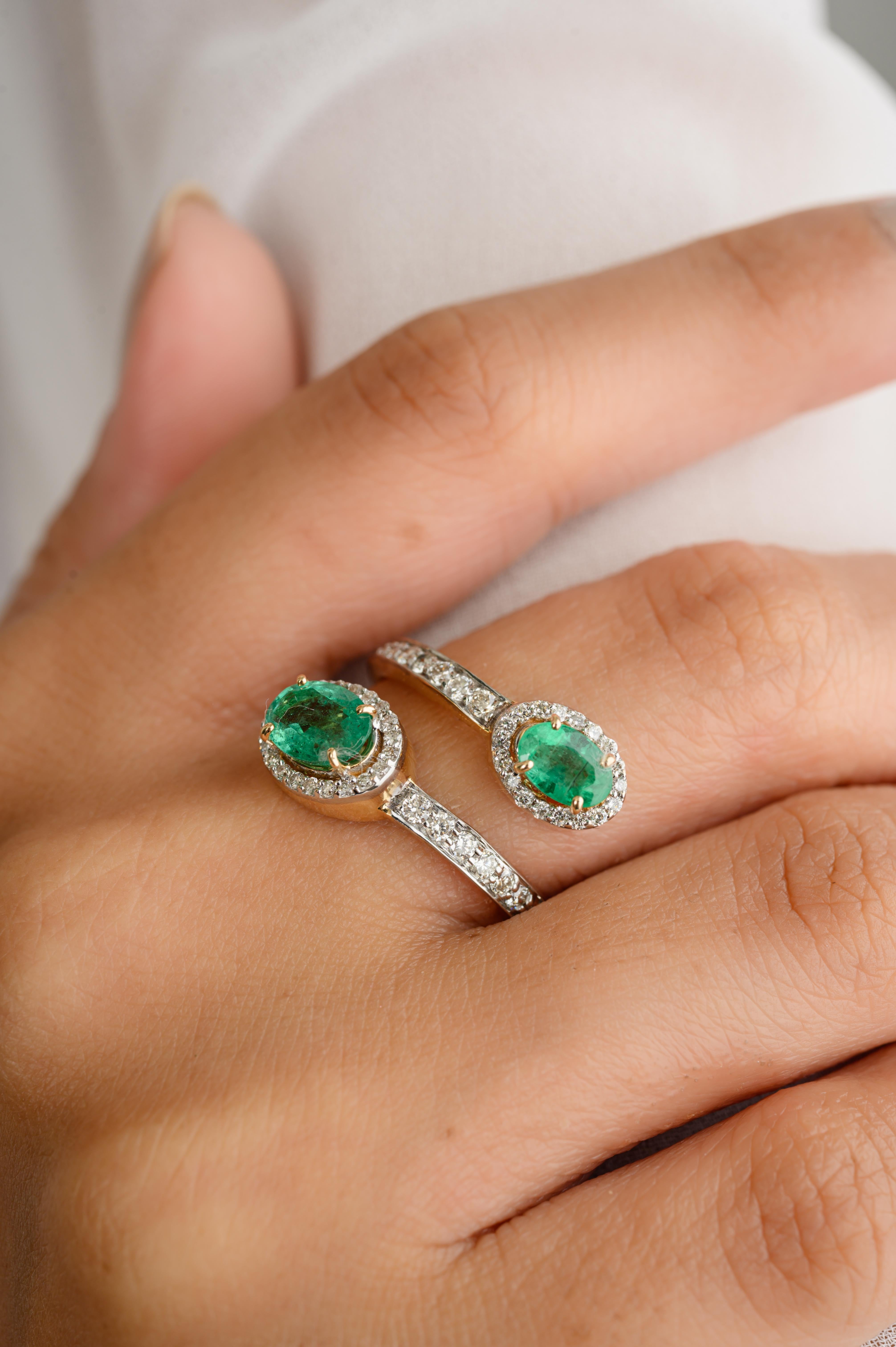 For Sale:  Certified Emerald By Pass Partywear Ring with Diamonds in 14k Solid Yellow Gold 10