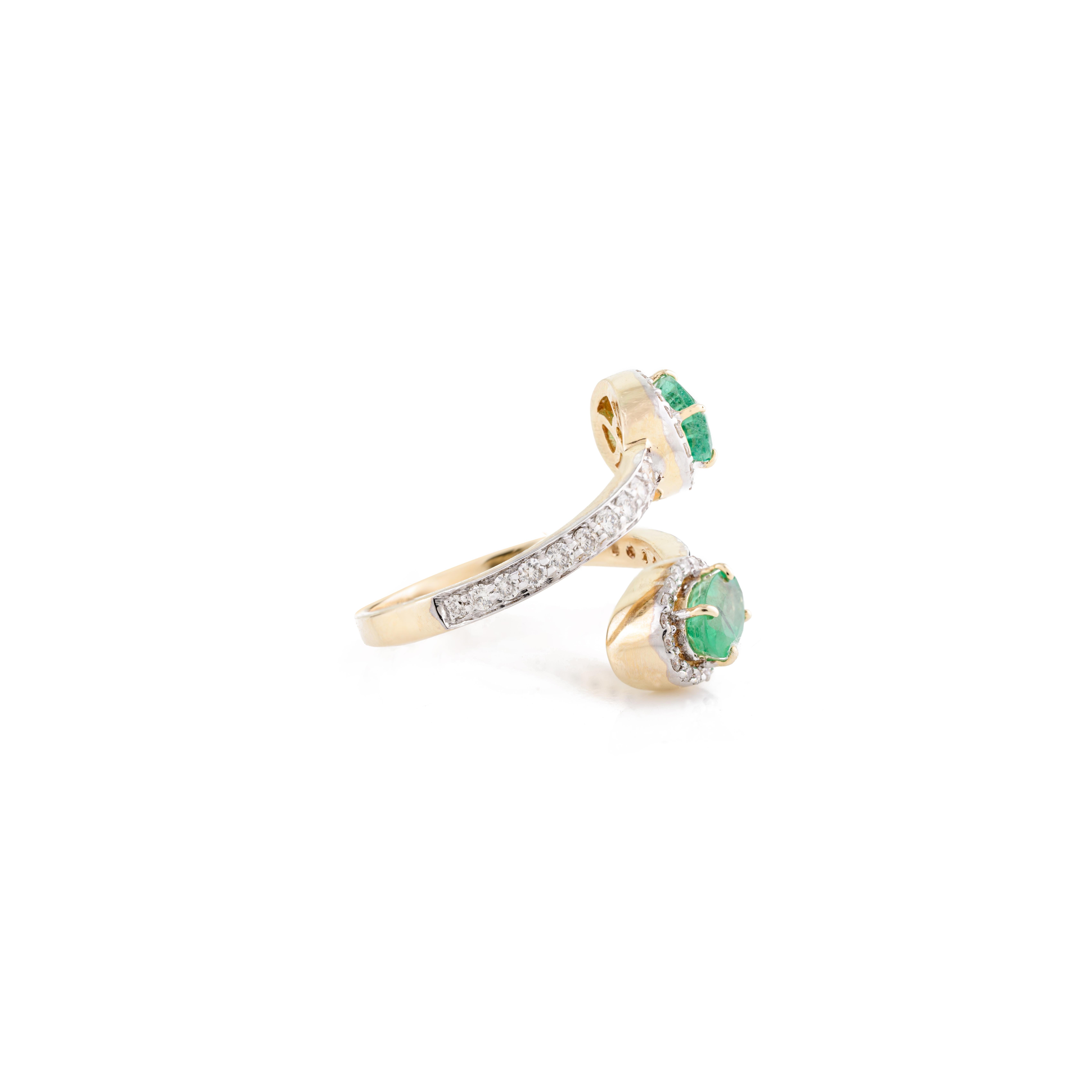 For Sale:  Certified Emerald By Pass Partywear Ring with Diamonds in 14k Solid Yellow Gold 3