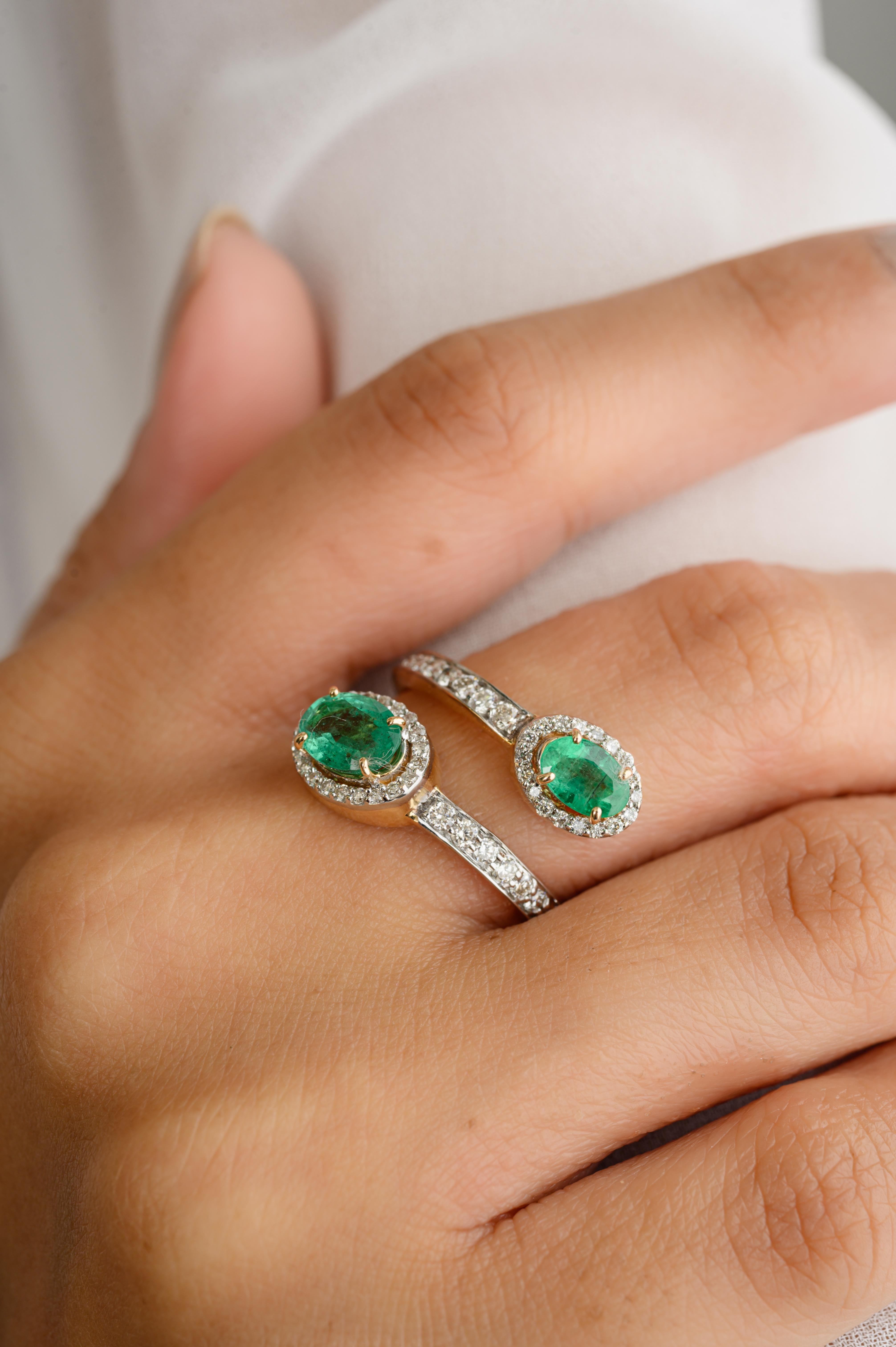 For Sale:  Certified Emerald By Pass Partywear Ring with Diamonds in 14k Solid Yellow Gold 4