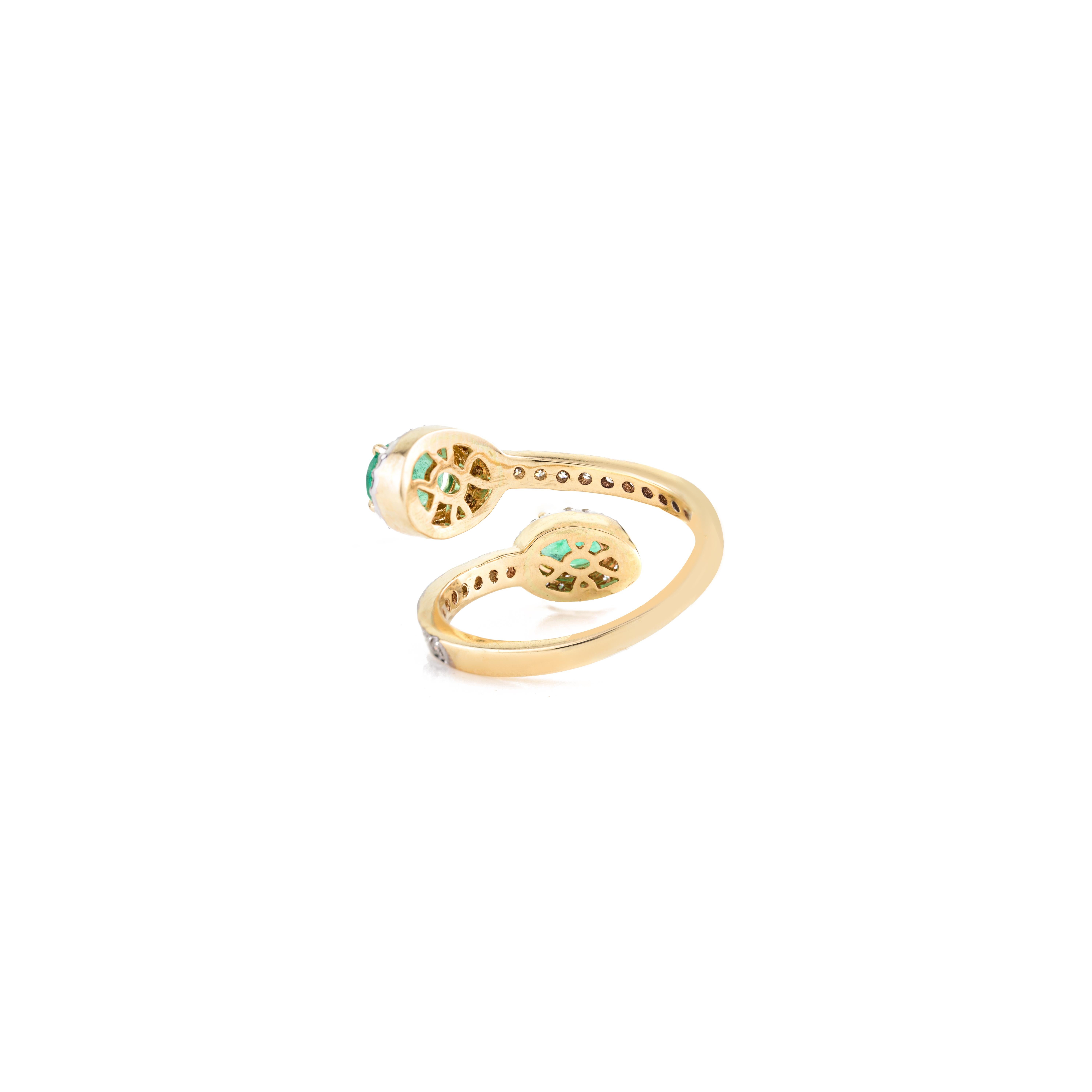 For Sale:  Certified Emerald By Pass Partywear Ring with Diamonds in 14k Solid Yellow Gold 5