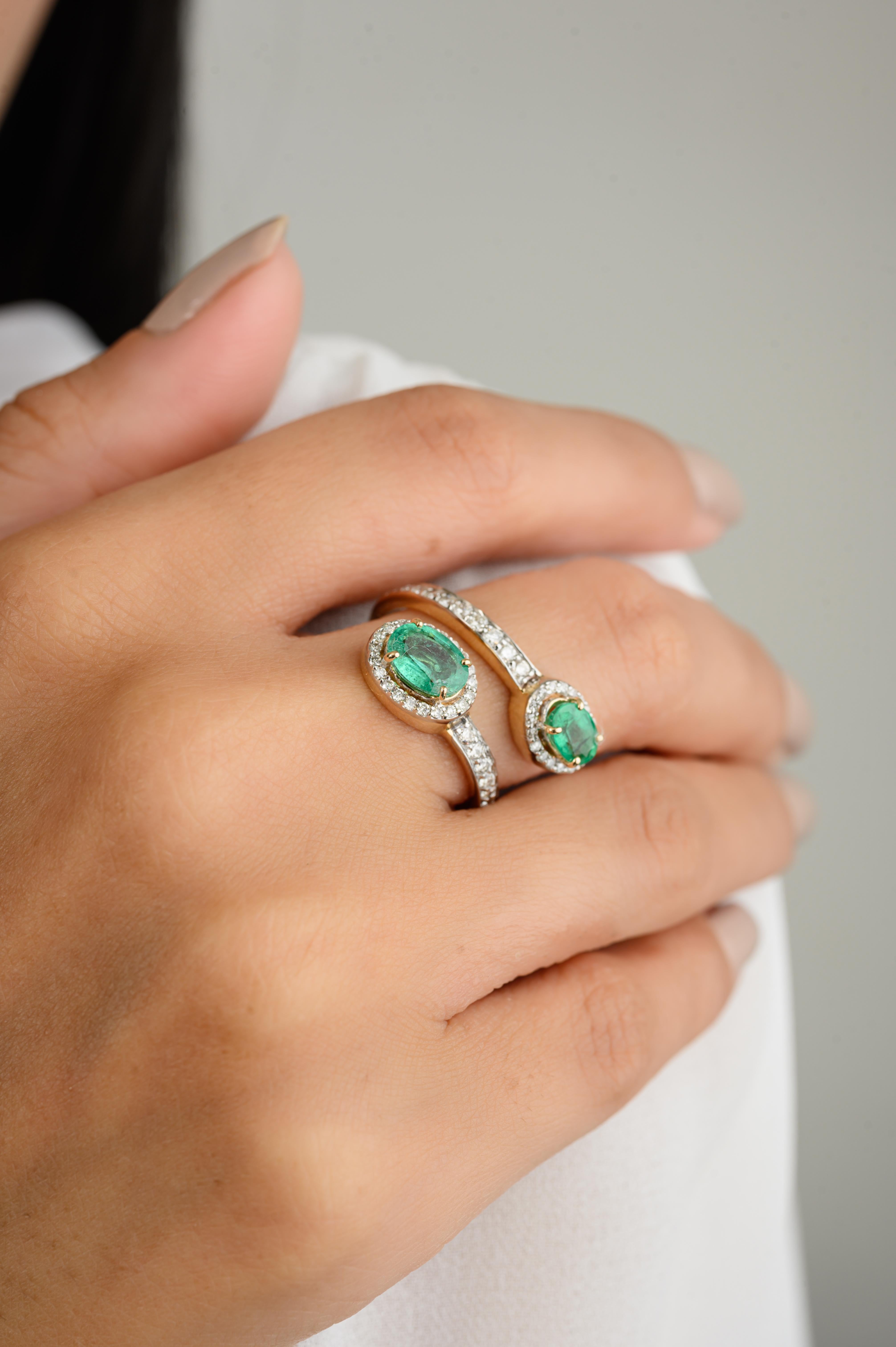 For Sale:  Certified Emerald By Pass Partywear Ring with Diamonds in 14k Solid Yellow Gold 6
