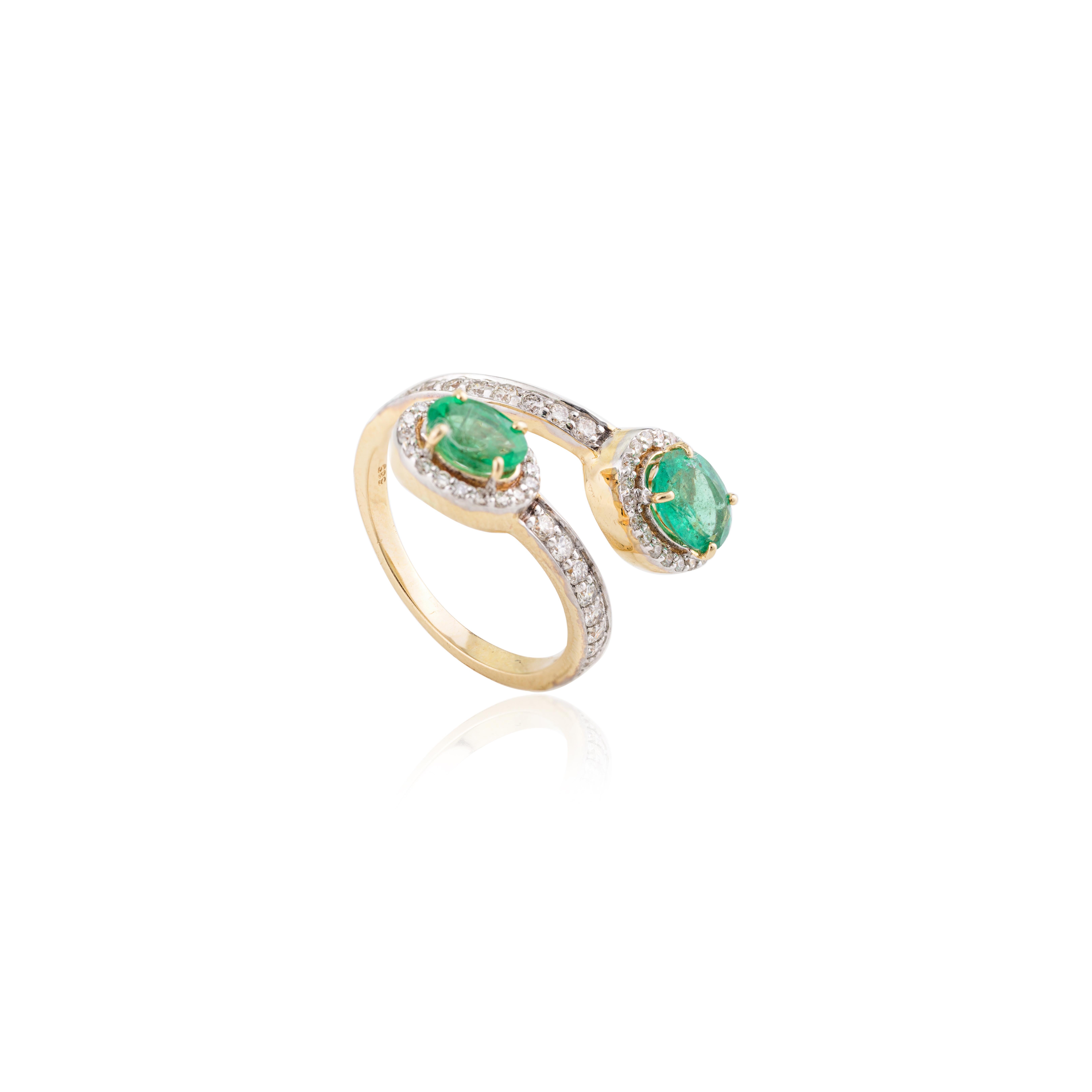 For Sale:  Certified Emerald By Pass Partywear Ring with Diamonds in 14k Solid Yellow Gold 7