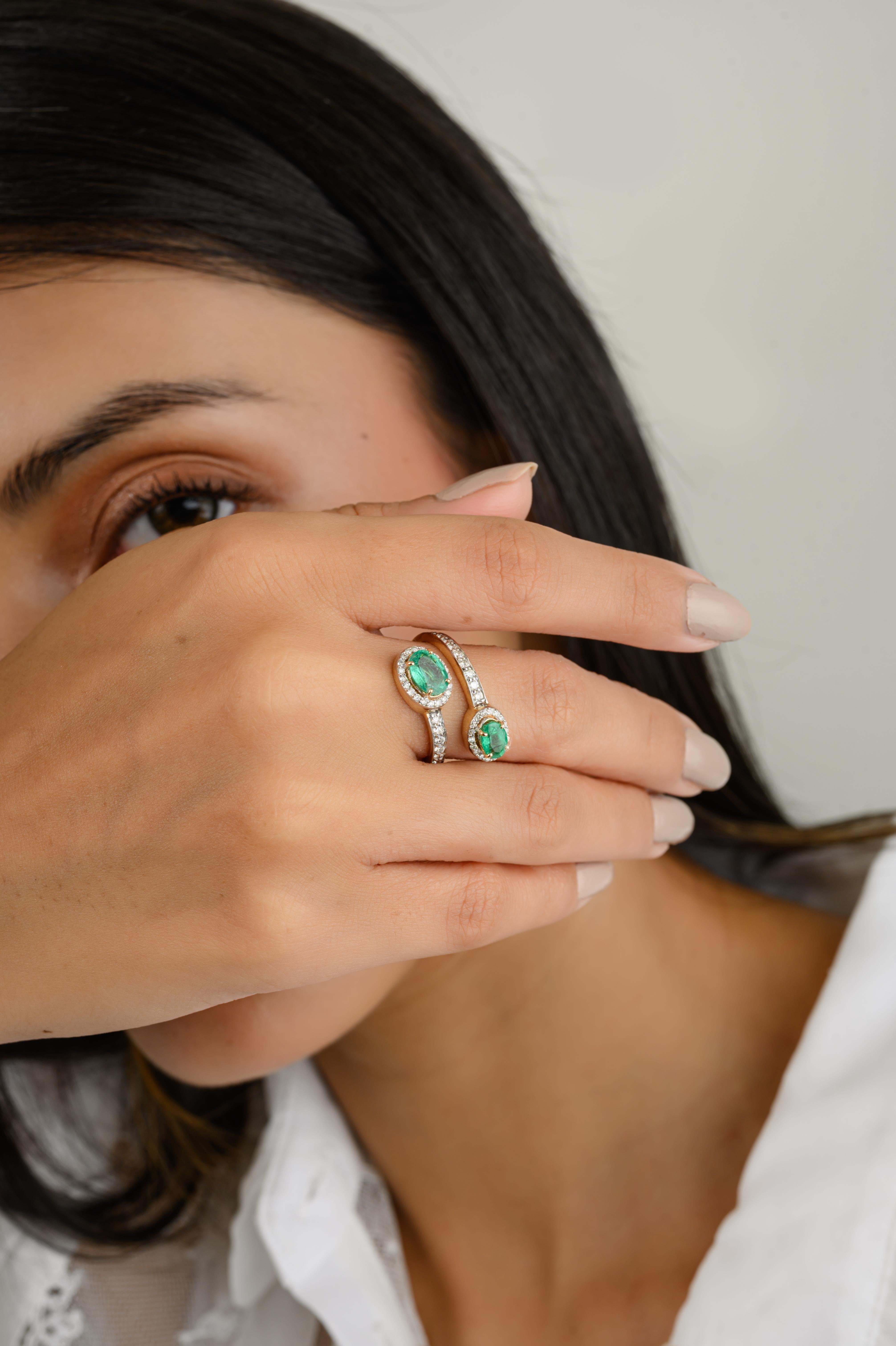 For Sale:  Certified Emerald By Pass Partywear Ring with Diamonds in 14k Solid Yellow Gold 8