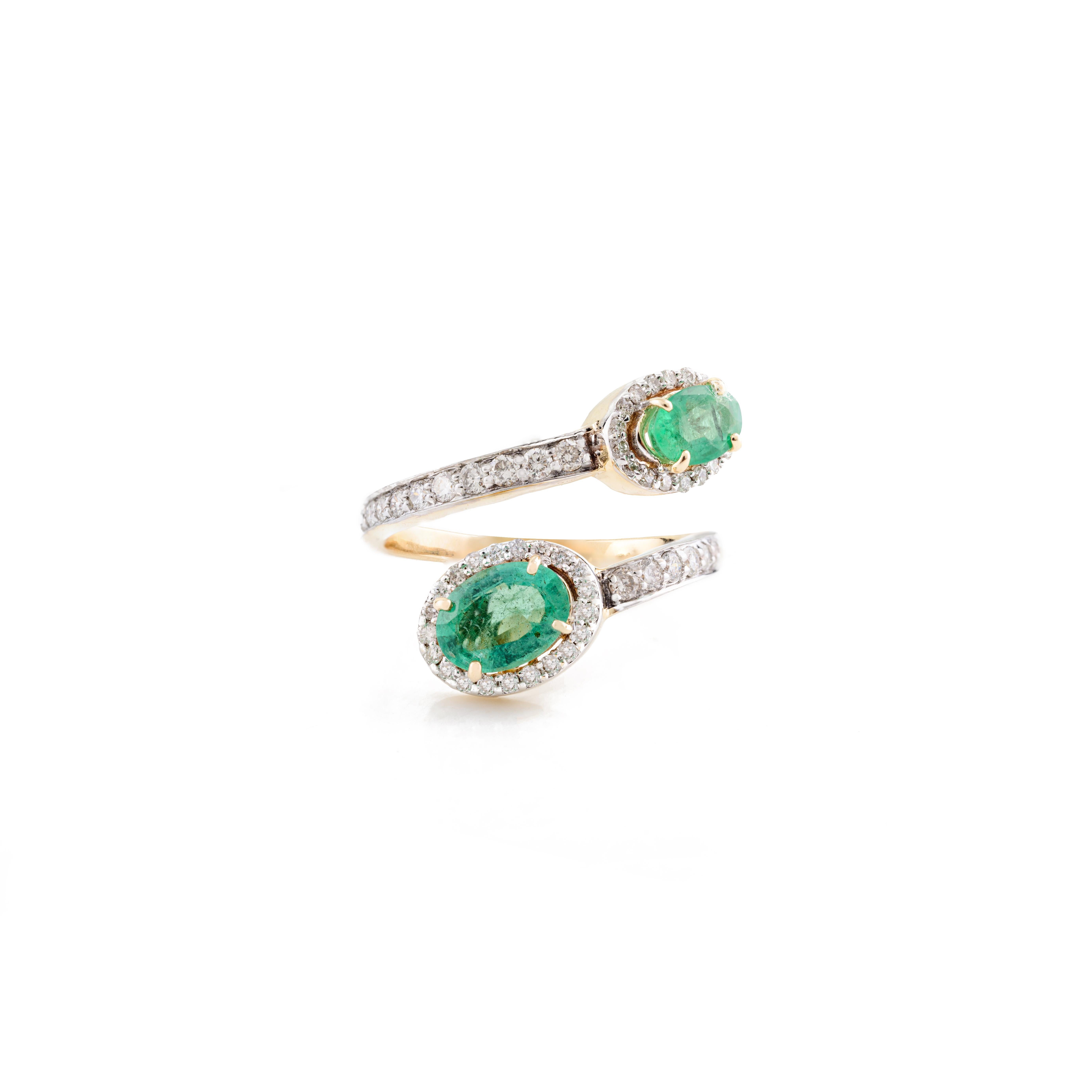 For Sale:  Certified Emerald By Pass Partywear Ring with Diamonds in 14k Solid Yellow Gold 9