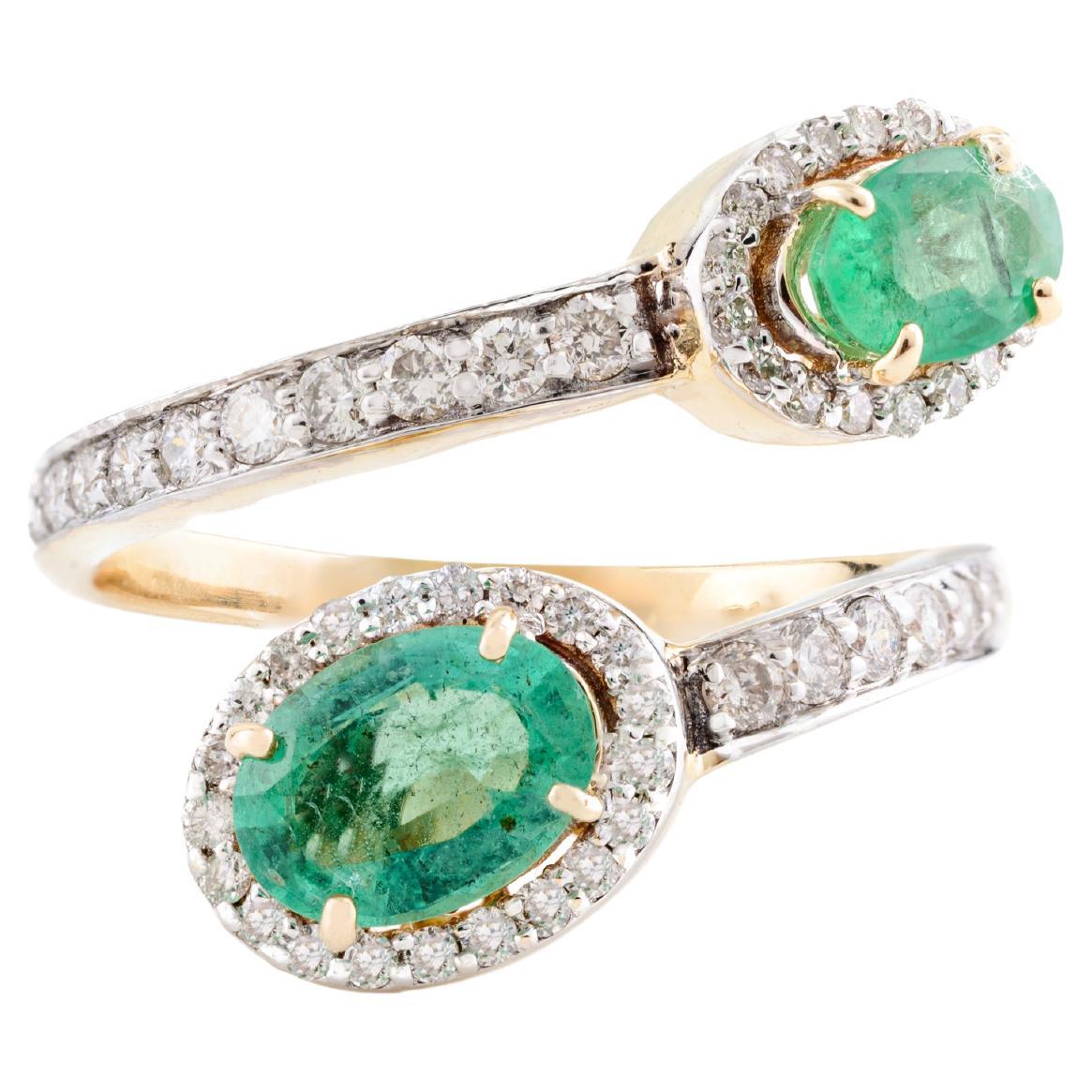 For Sale:  Certified Emerald By Pass Partywear Ring with Diamonds in 14k Solid Yellow Gold