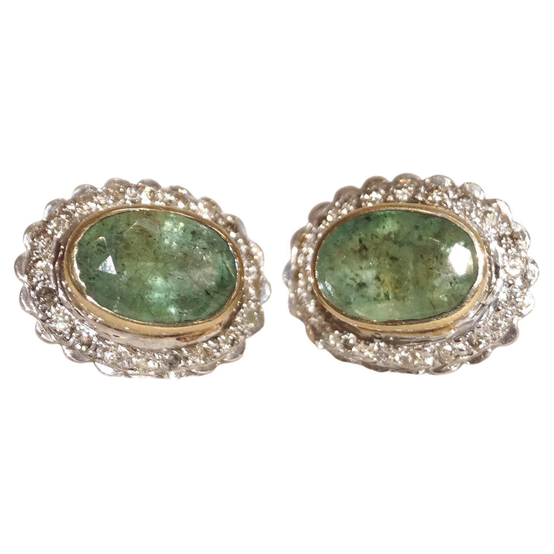 Certified Emerald Diamond Earring 1.10ctw Emerald 14K Yellow Gold Silver Earring For Sale