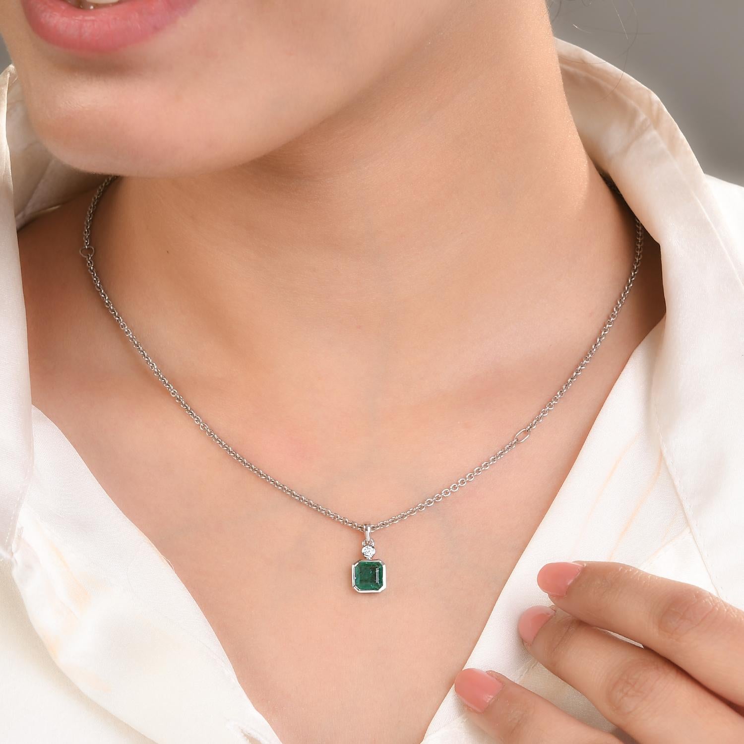 Certified Emerald Diamond Everyday Pendant for Her in 14K Gold. This stunning piece of jewelry instantly elevates a casual look or dressy outfit. 
Emerald enhances the intellectual capacity of the person.
Designed with octagon cut emerald set with