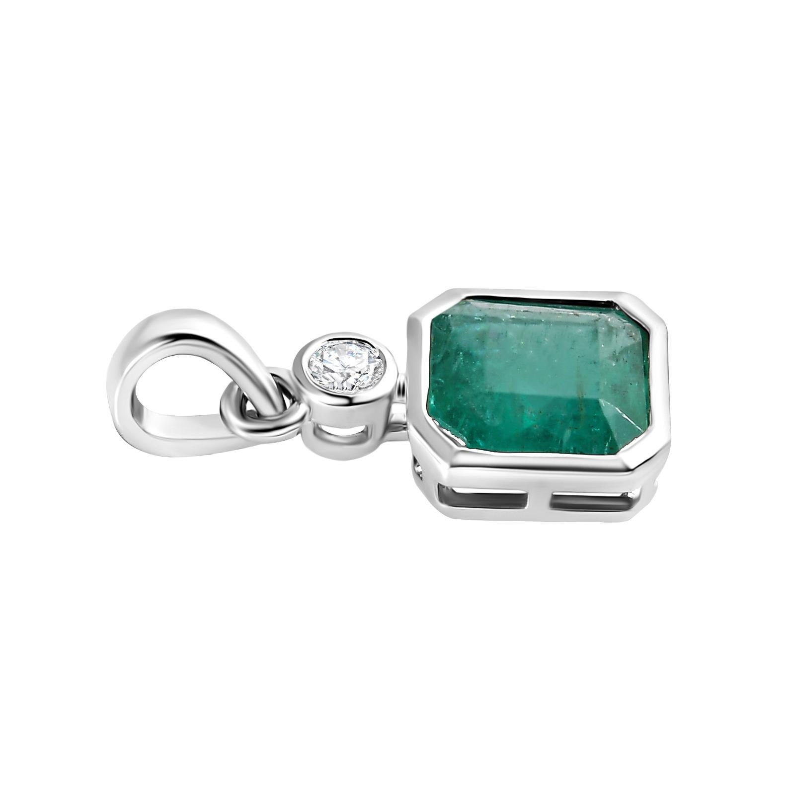 Art Deco Certified Emerald Diamond Everyday Pendant for Her in 14k Solid White Gold For Sale