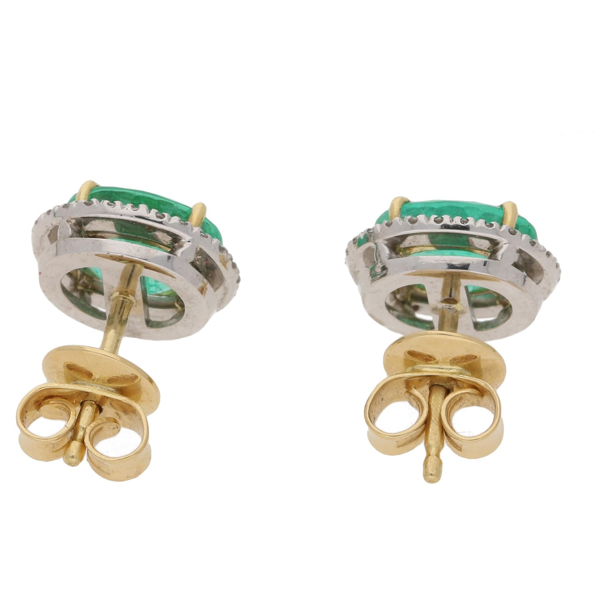 Brilliant Cut Certified Emerald and Diamond Gold Cluster Stud Earrings