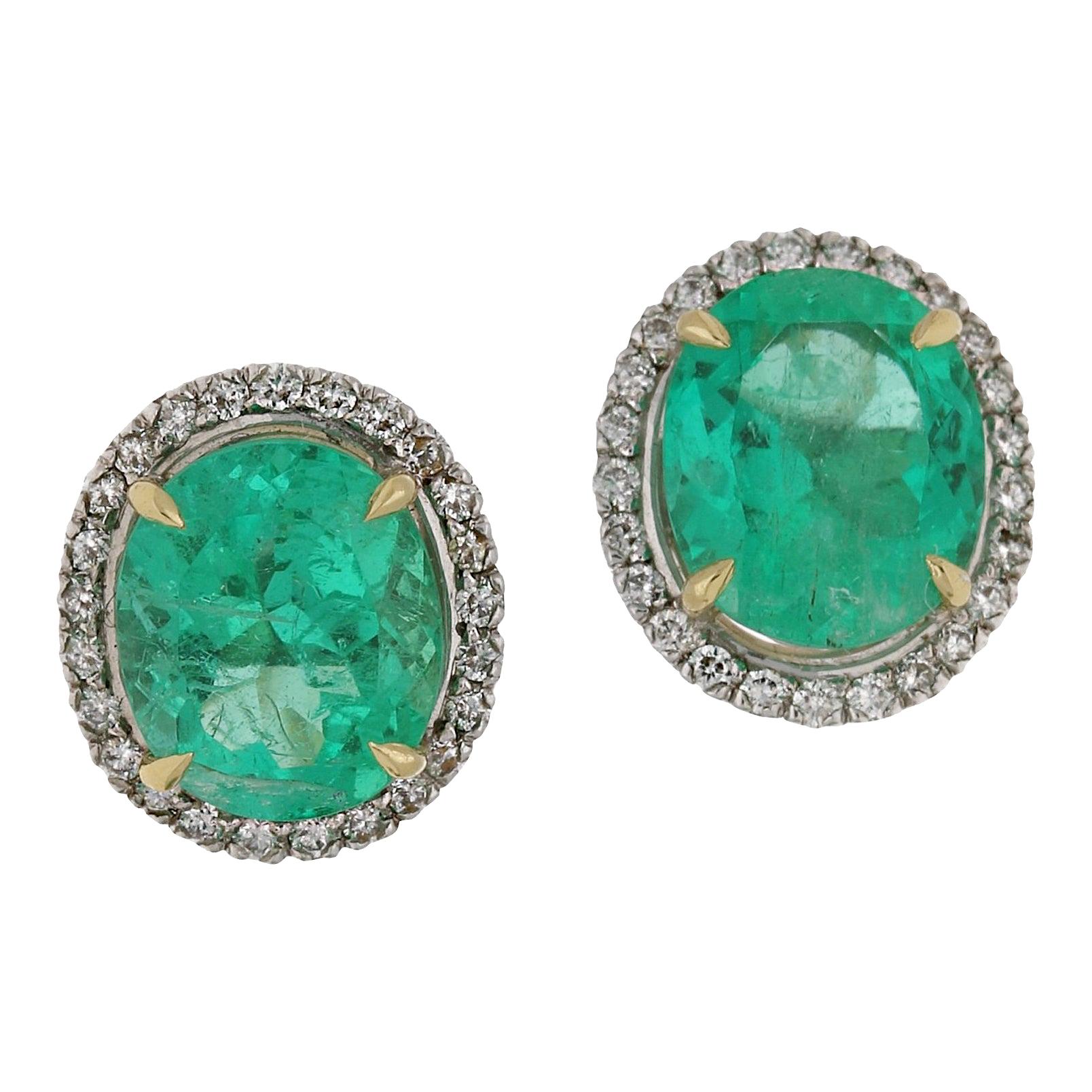Certified Emerald and Diamond Gold Cluster Stud Earrings
