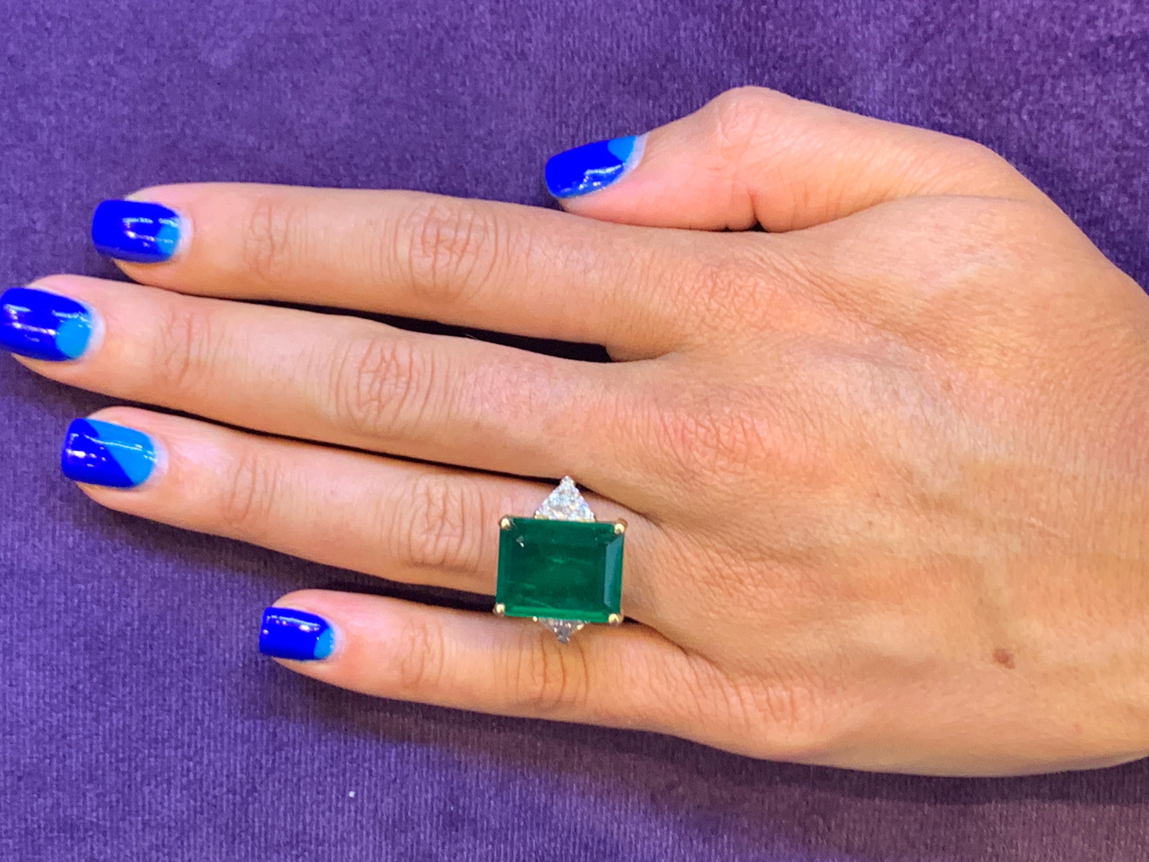 Emerald Cut Certified Emerald & Diamond Three-Stone Ring For Sale