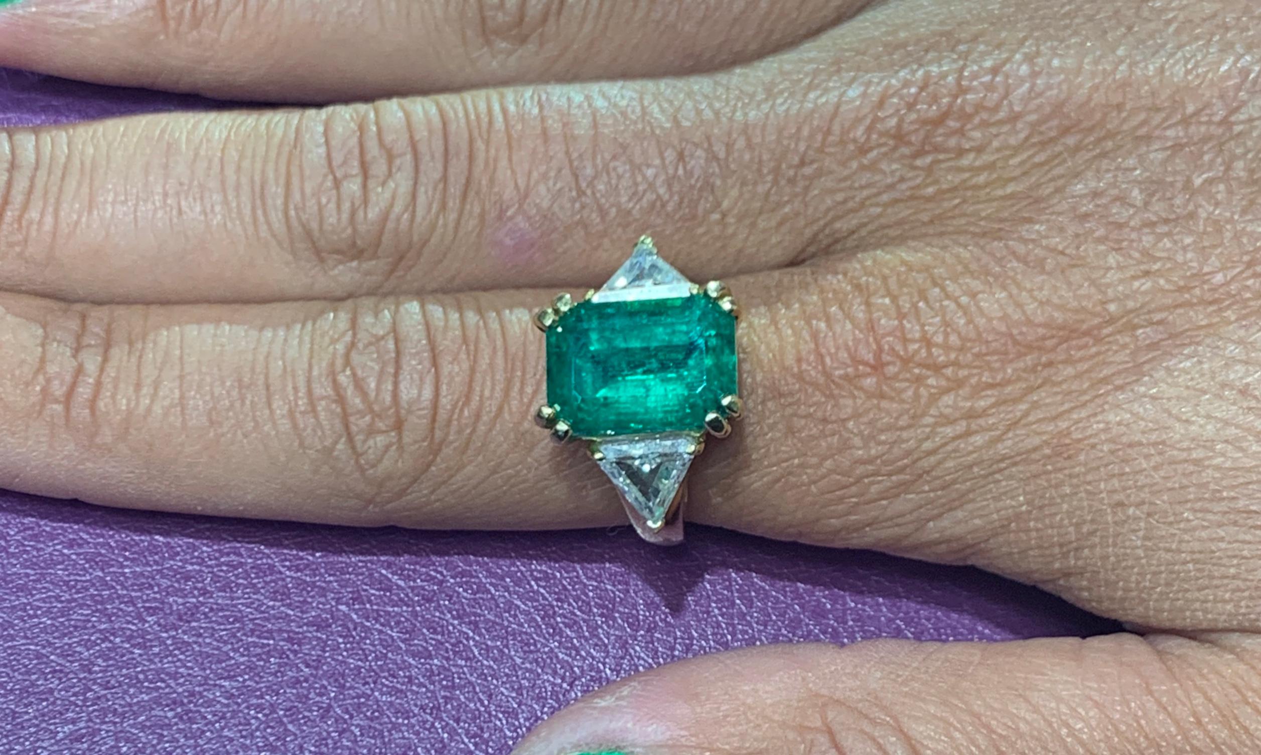 Certified Emerald and Diamond Three-Stone Ring For Sale 3