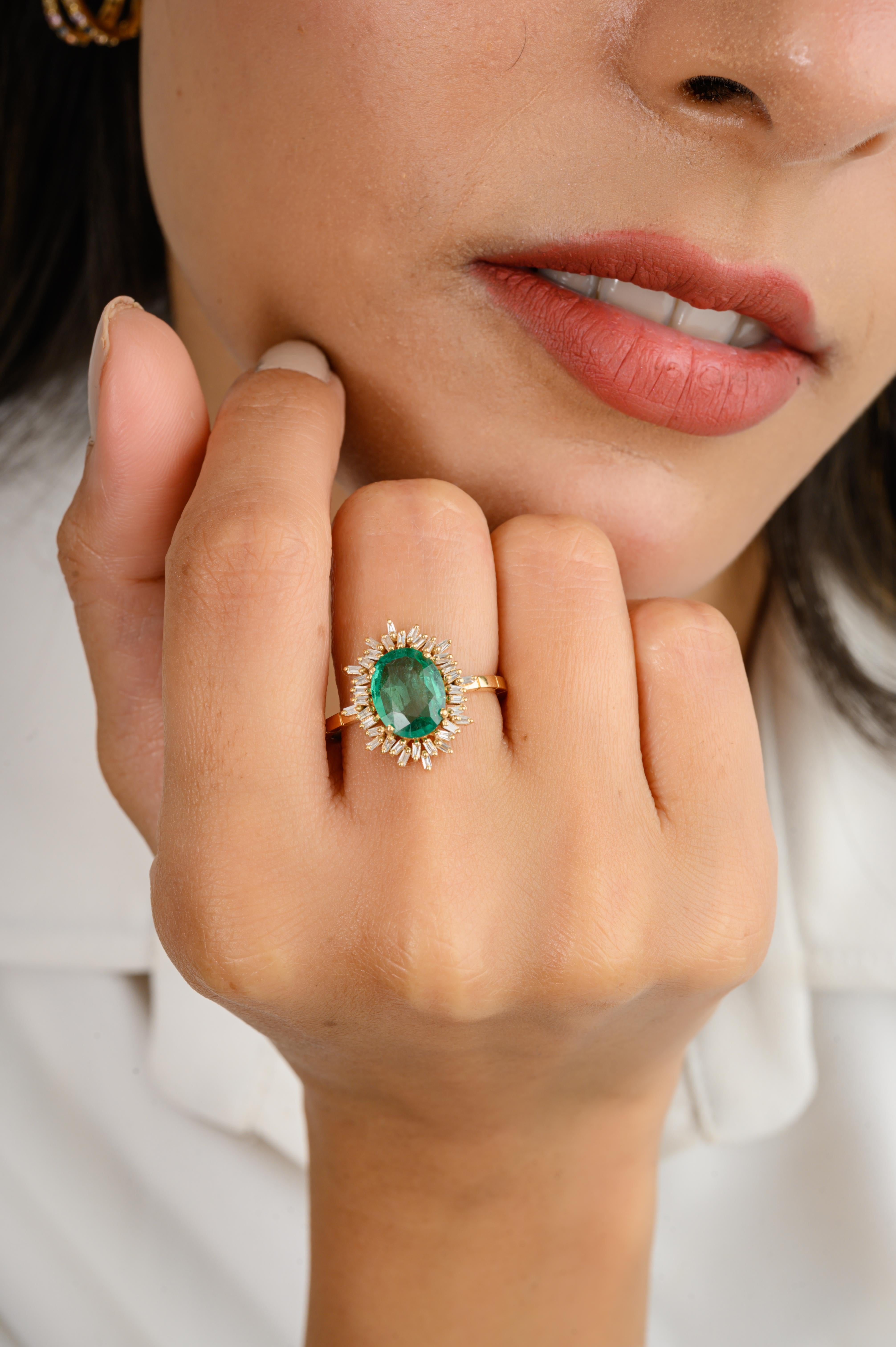 For Sale:  Certified Emerald Halo Baguette Diamond Wedding Ring in 18k Solid Yellow Gold 4