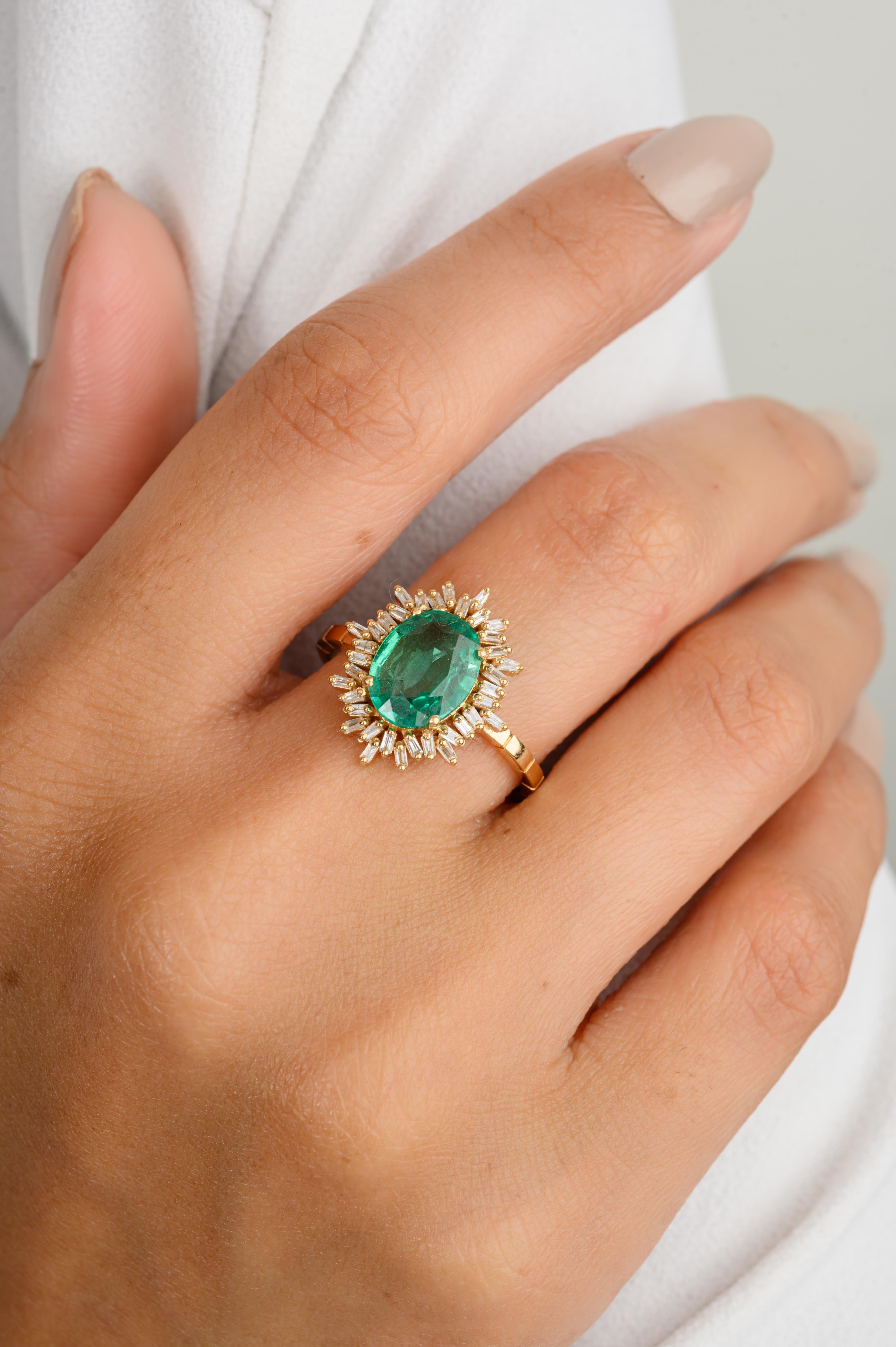 For Sale:  Certified Emerald Halo Baguette Diamond Wedding Ring in 18k Solid Yellow Gold 6