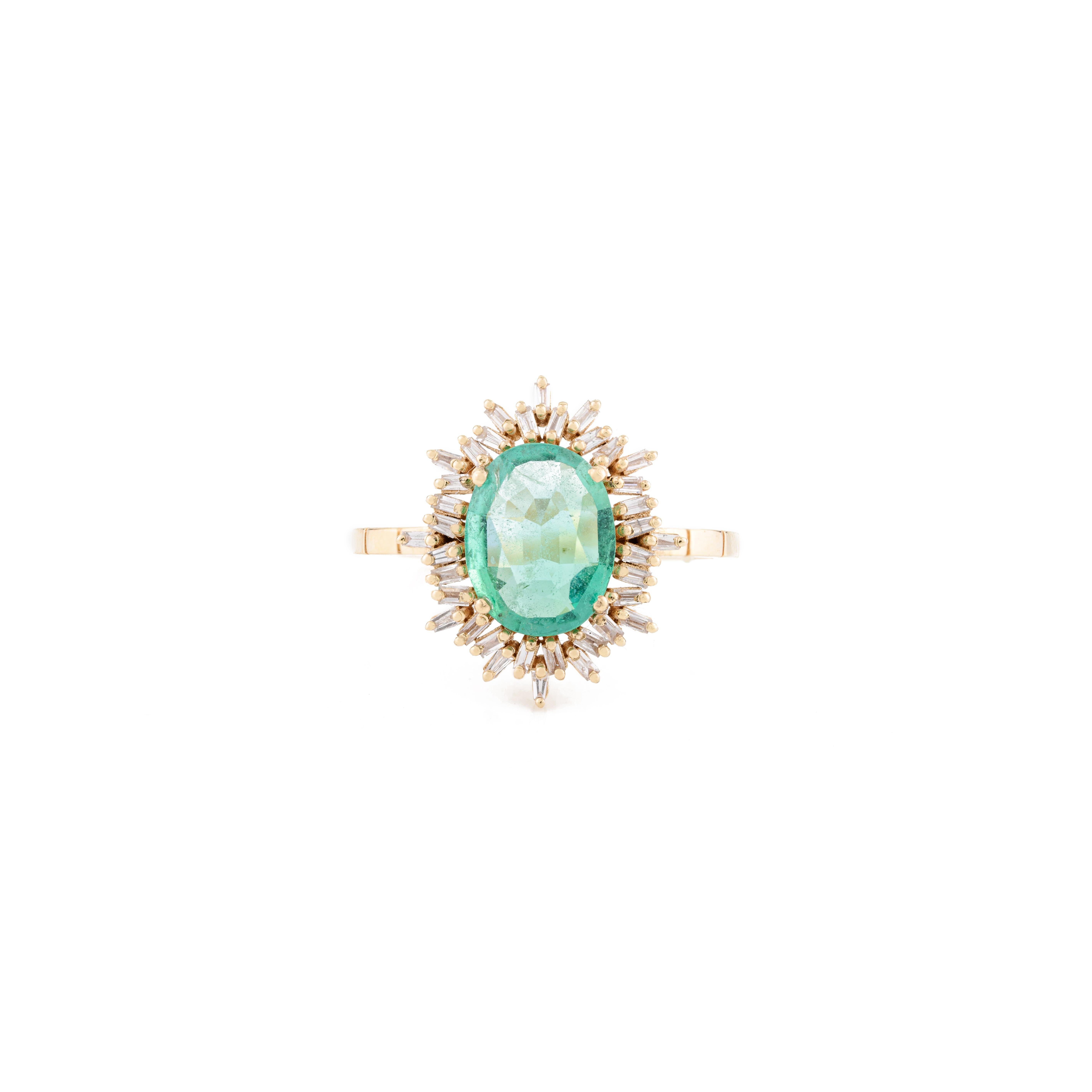 For Sale:  Certified Emerald Halo Baguette Diamond Wedding Ring in 18k Solid Yellow Gold 8