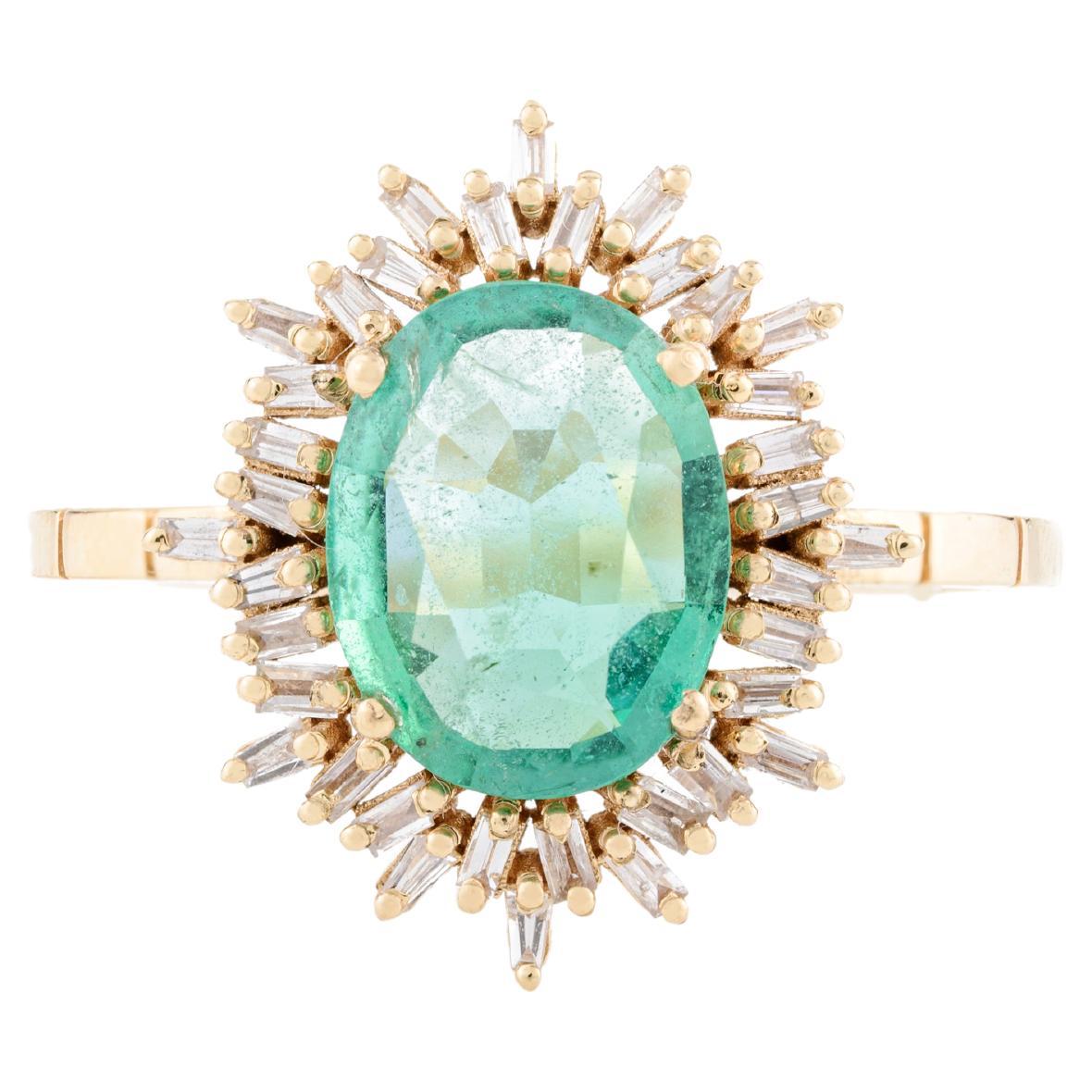 Alianza de boda de diamantes baguette con halo de esmeralda certificada en oro amarillo macizo de 18k