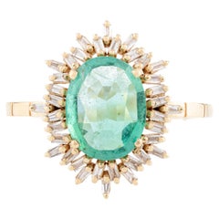 Bague de mariage en or jaune massif 18 carats avec émeraude certifiée, halo de diamants baguettes