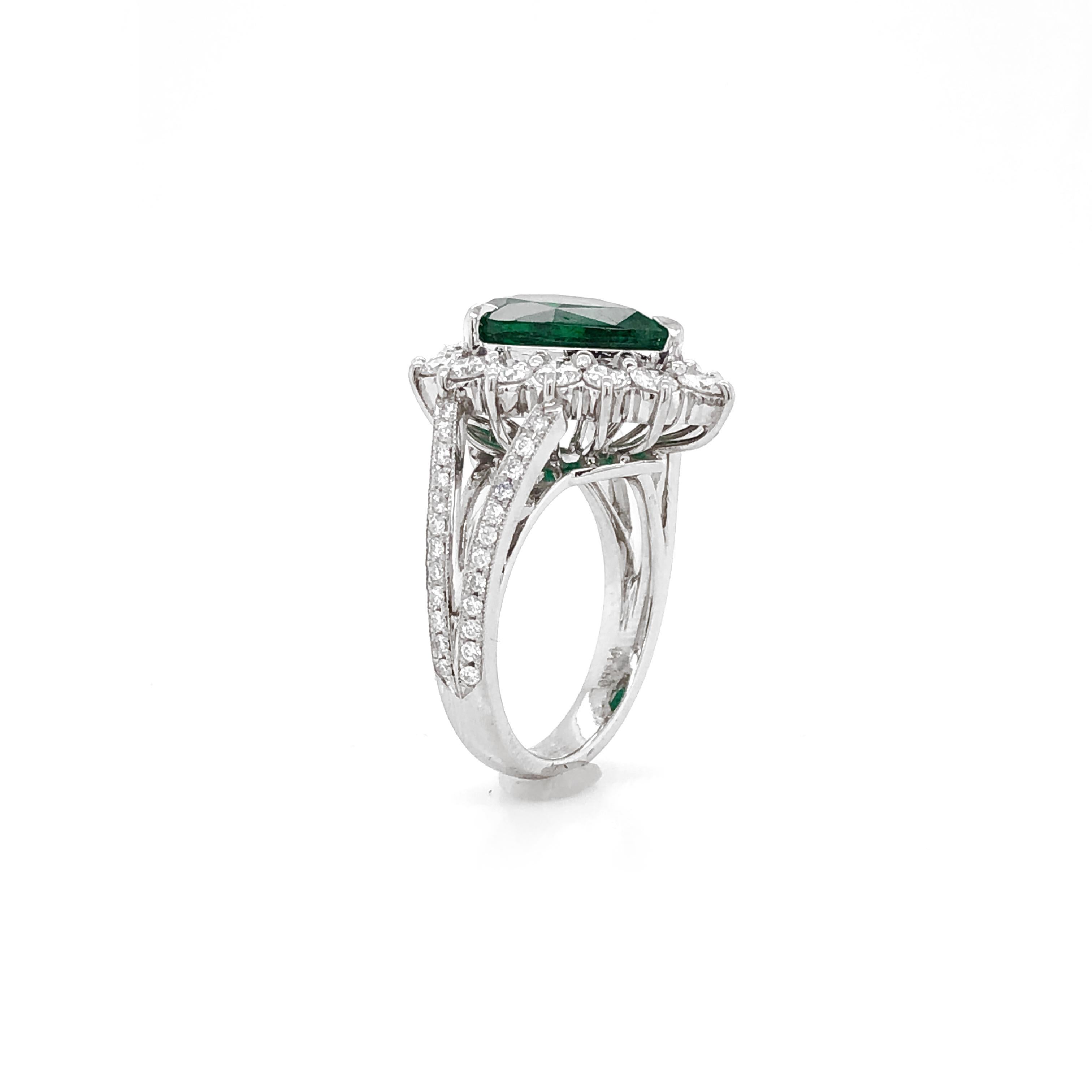 Certified Emerald Pear Cut 3.66 Carat Diamond 1.36 Carat Total Platinum Ring For Sale 2