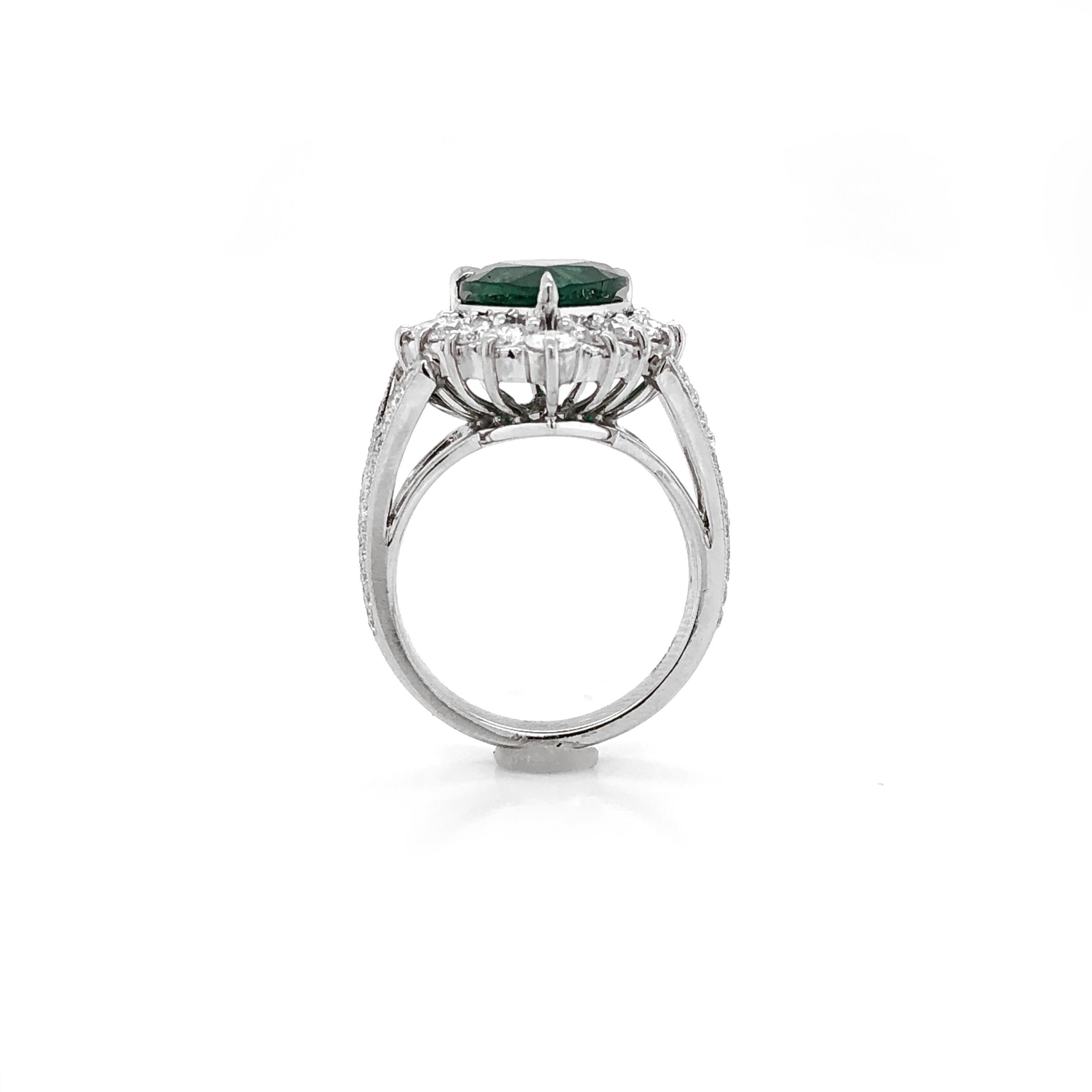 Certified Emerald Pear Cut 3.66 Carat Diamond 1.36 Carat Total Platinum Ring For Sale 4
