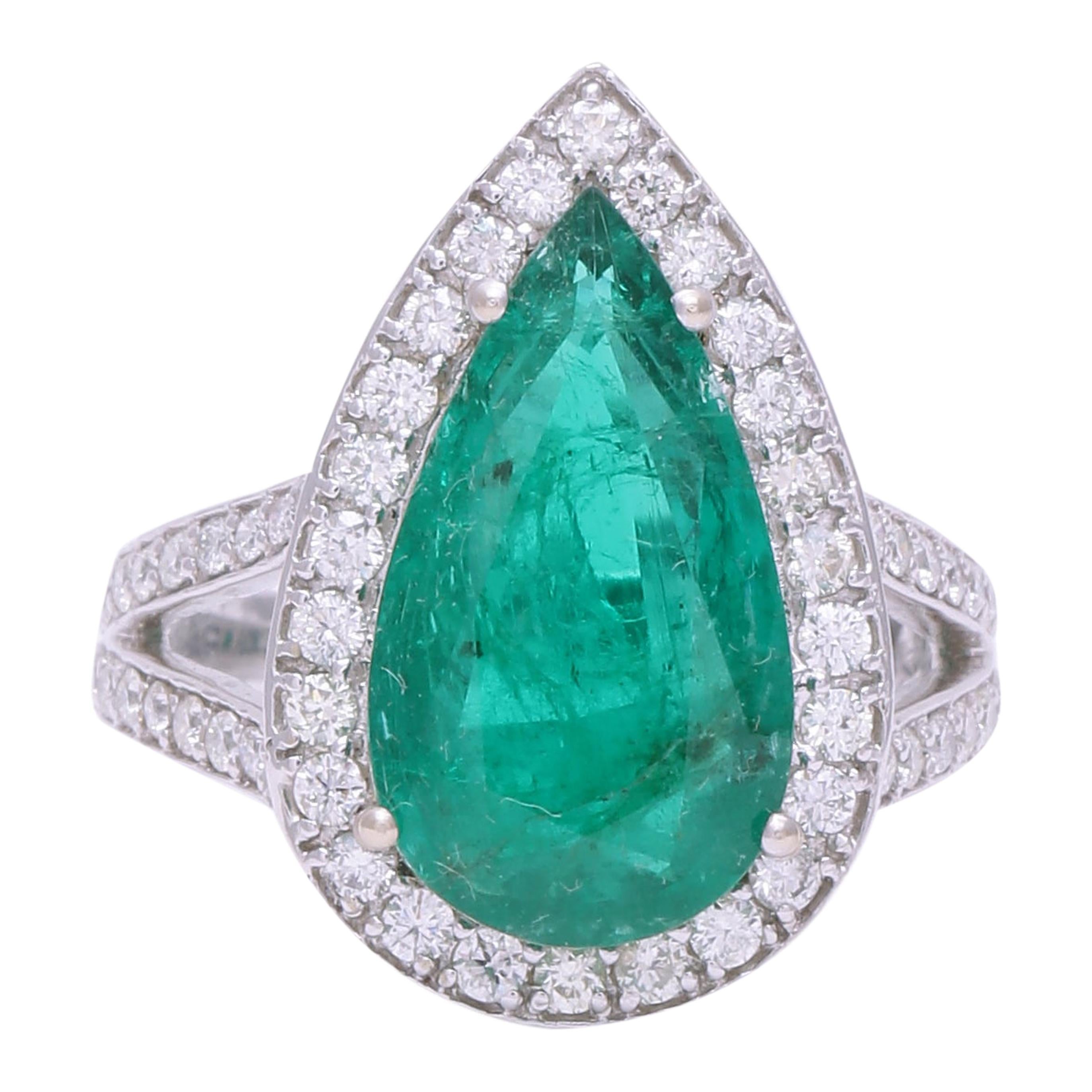 Certified Emerald Pear Shape Ring with Diamonds in 18 Karat White Gold