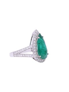 Certified Emerald Pear Shape Ring with Diamonds in 18 Karat White Gold