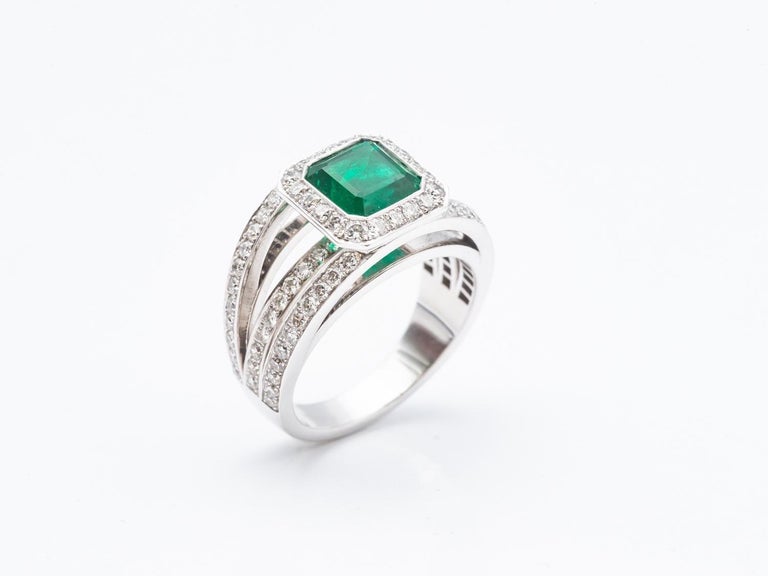 Certified Emerald Ring Decorated with Diamond Paving on White Gold 18k ...