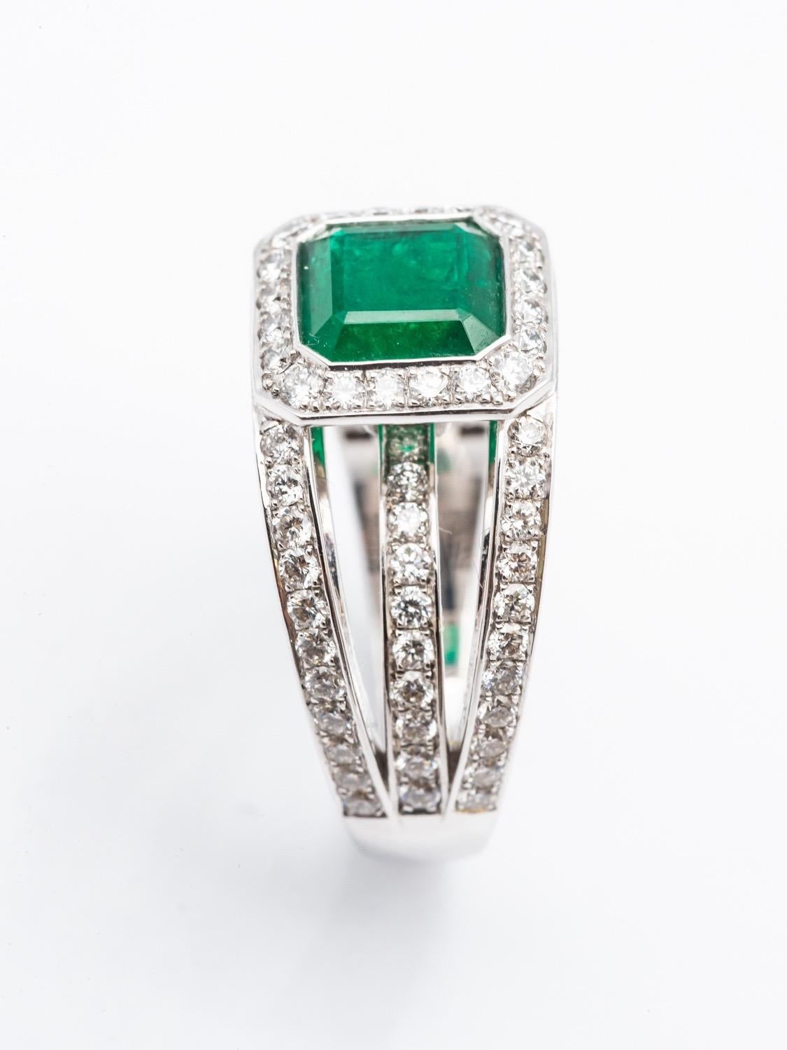 Emerald Cut Certified Emerald Ring Diamond Paving White Gold 18 Karat For Sale