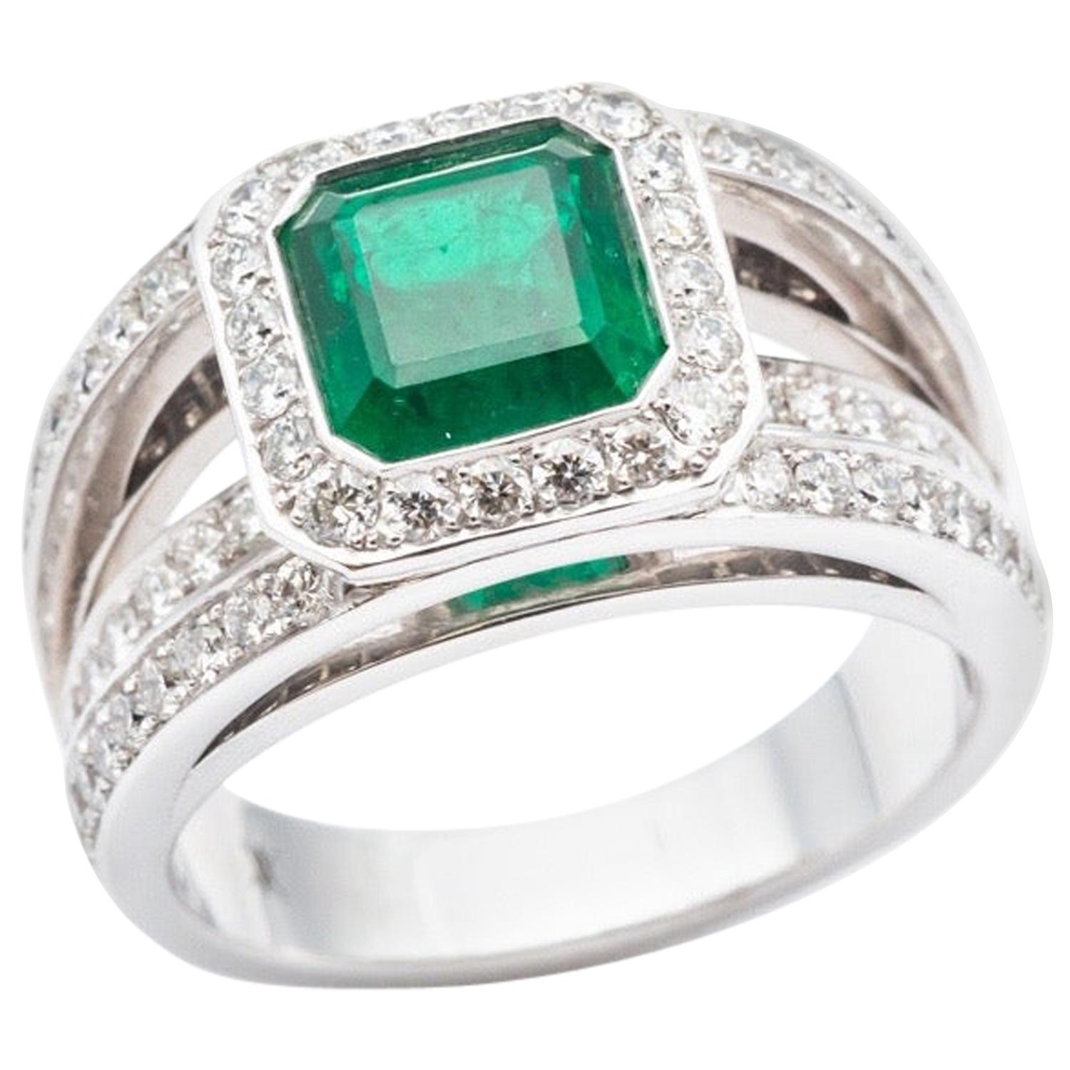 Certified Emerald Ring Diamond Paving White Gold 18 Karat For Sale