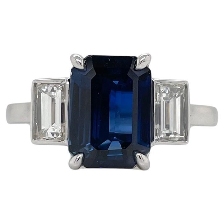 Certified Emerald Sapphire & Bezel Set Diamond Three Stone Ring in Platinum For Sale