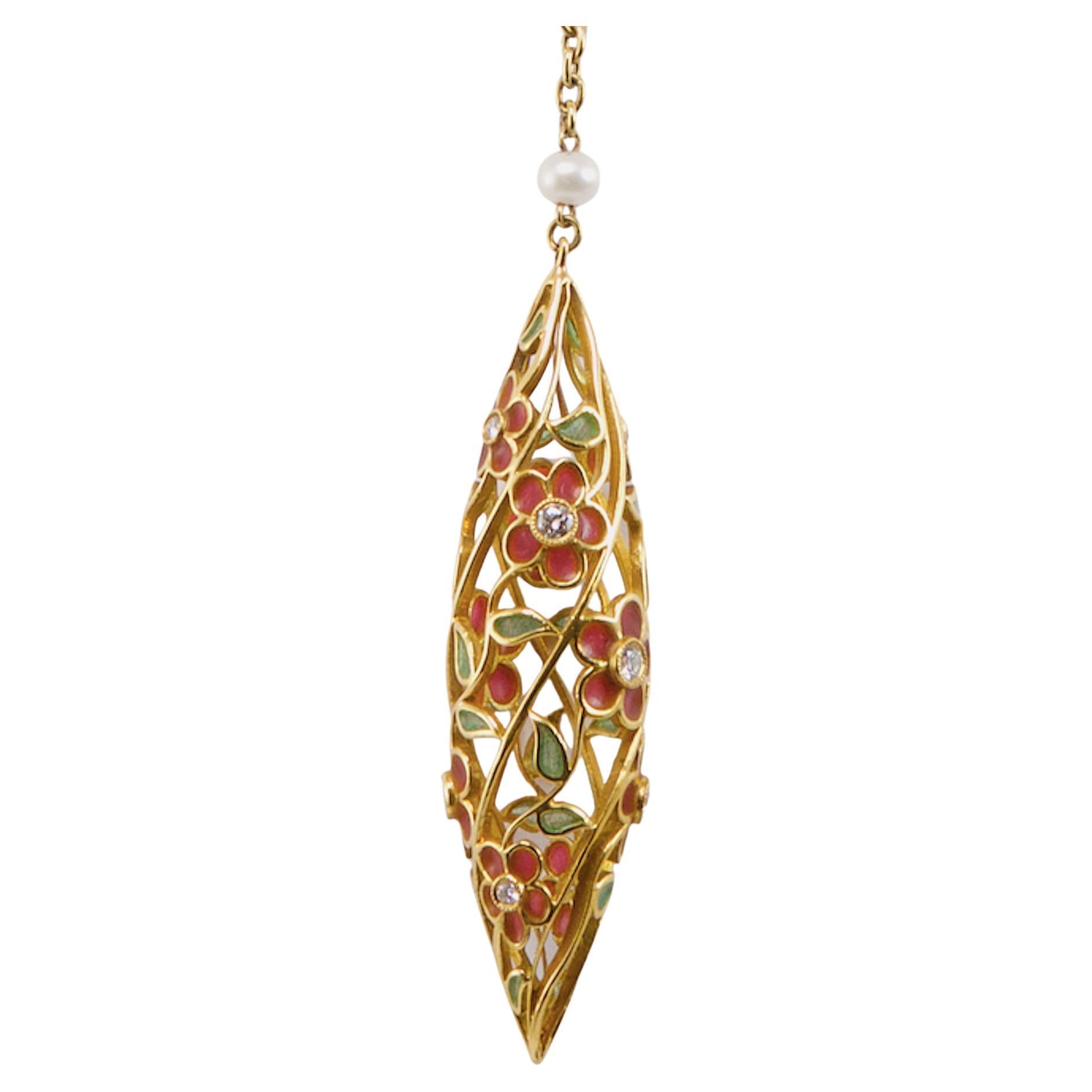 Moderne Collier goutte d'eau Olympus Art certifié, émaillé, en or et diamants en vente