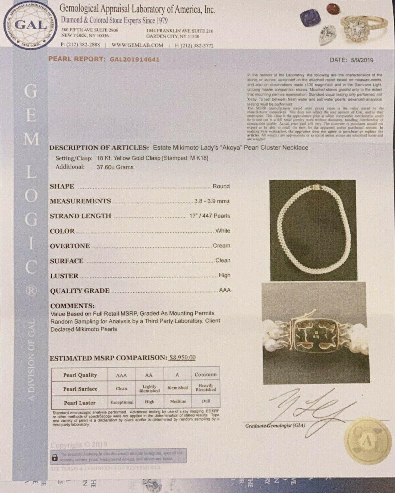 Certified Estate Mikimoto 18 Karat Akoya Pearl Necklace 4