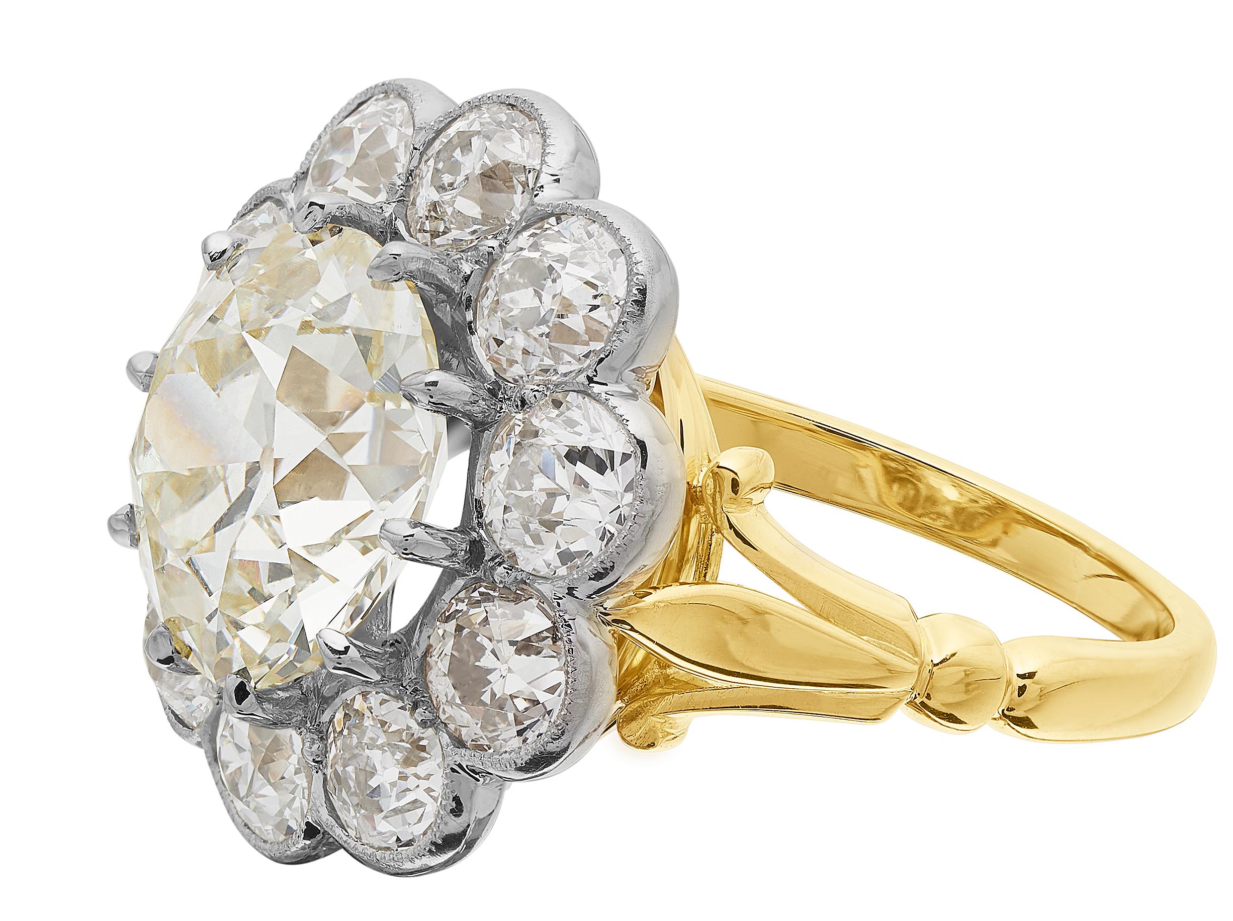 Victorian Certified Fancy Light Yellow Diamond 4.6 Carat Antique Old Cut Cluster Ring