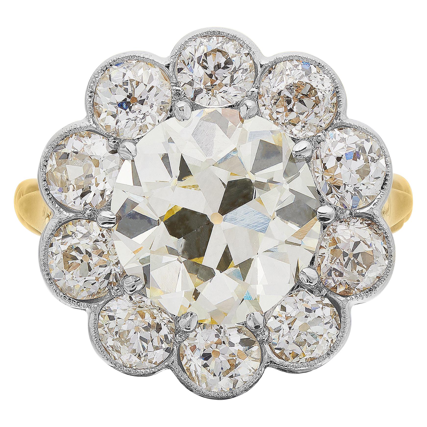Certified Fancy Light Yellow Diamond 4.6 Carat Antique Old Cut Cluster Ring