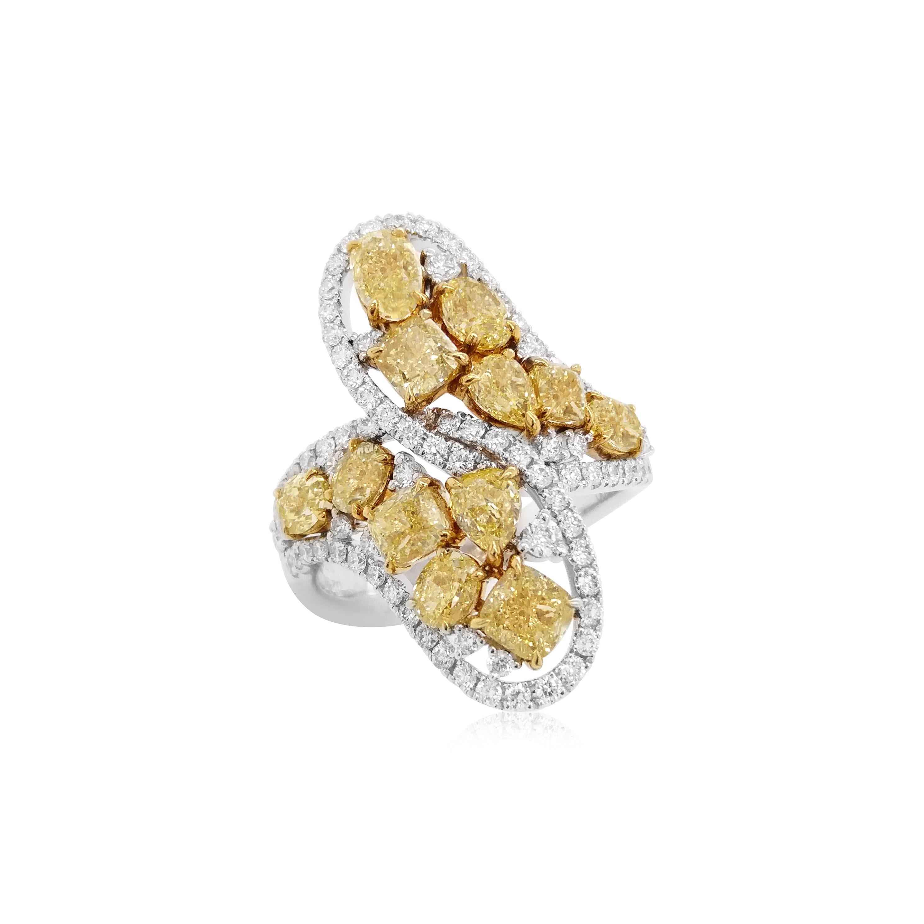 Mixed Cut Certified Fancy Shapes Yellow Diamond White Diamond Platinum Cocktail Ring