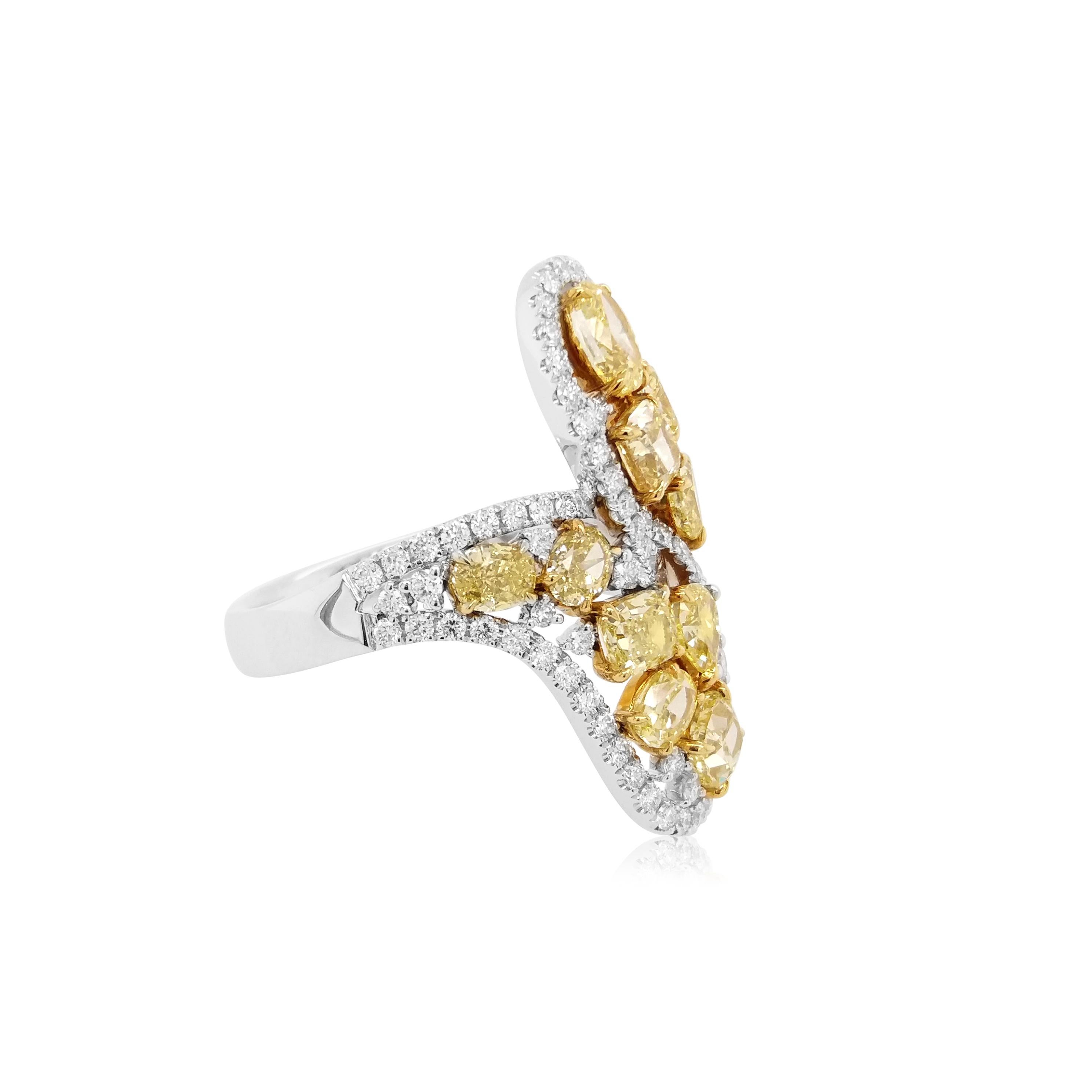 Certified Fancy Shapes Yellow Diamond White Diamond Platinum Cocktail Ring In New Condition In Hong Kong, HK