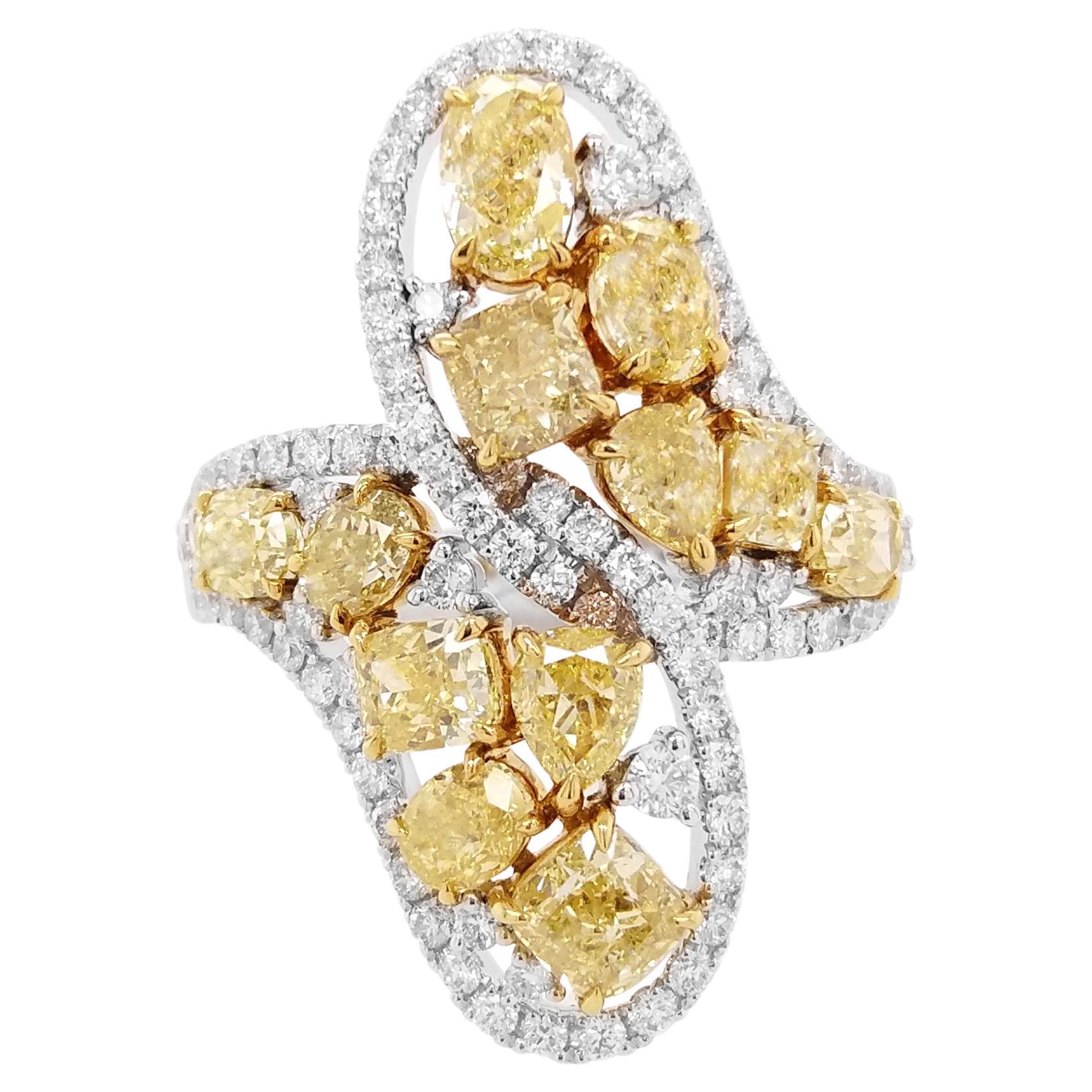 Certified Fancy Shapes Yellow Diamond White Diamond Platinum Cocktail Ring