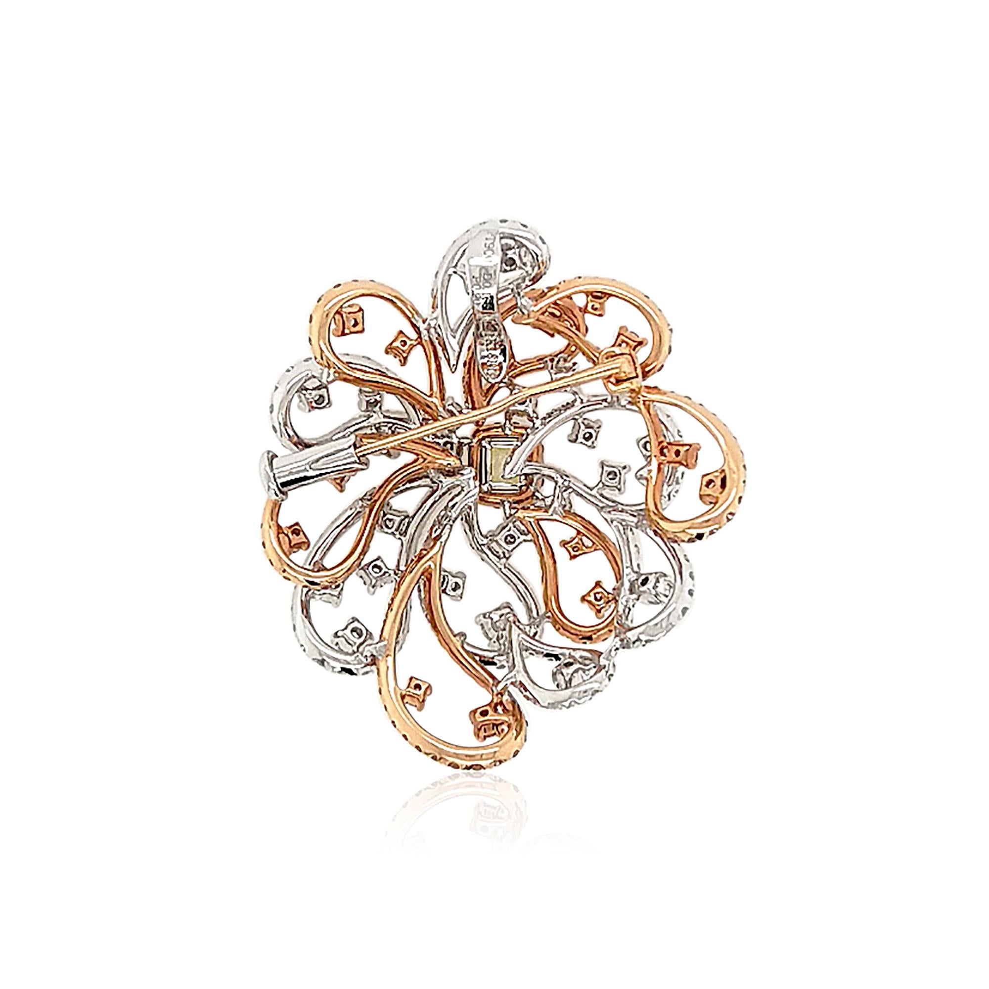 This enchanting two-way pendant/brooch features a spectacular Fancy Vivid Yellow Green Diamond with an elegant arrangement of Argyle Pink Diamonds and White diamonds. Each diamond is completely unique and this design perfectly highlights the allure