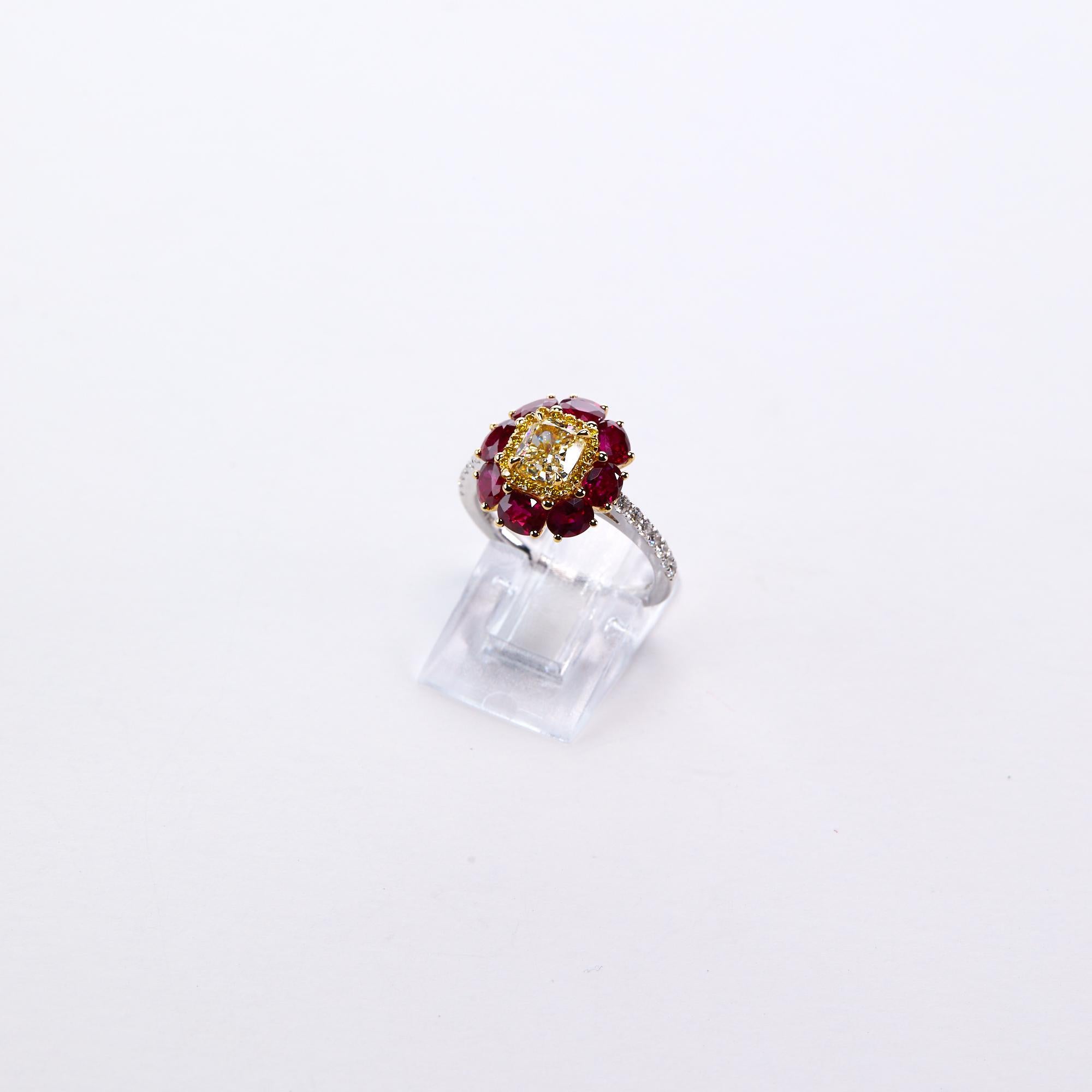 Modern Certified Fancy Yellow and Ruby Engagement Ring For Sale