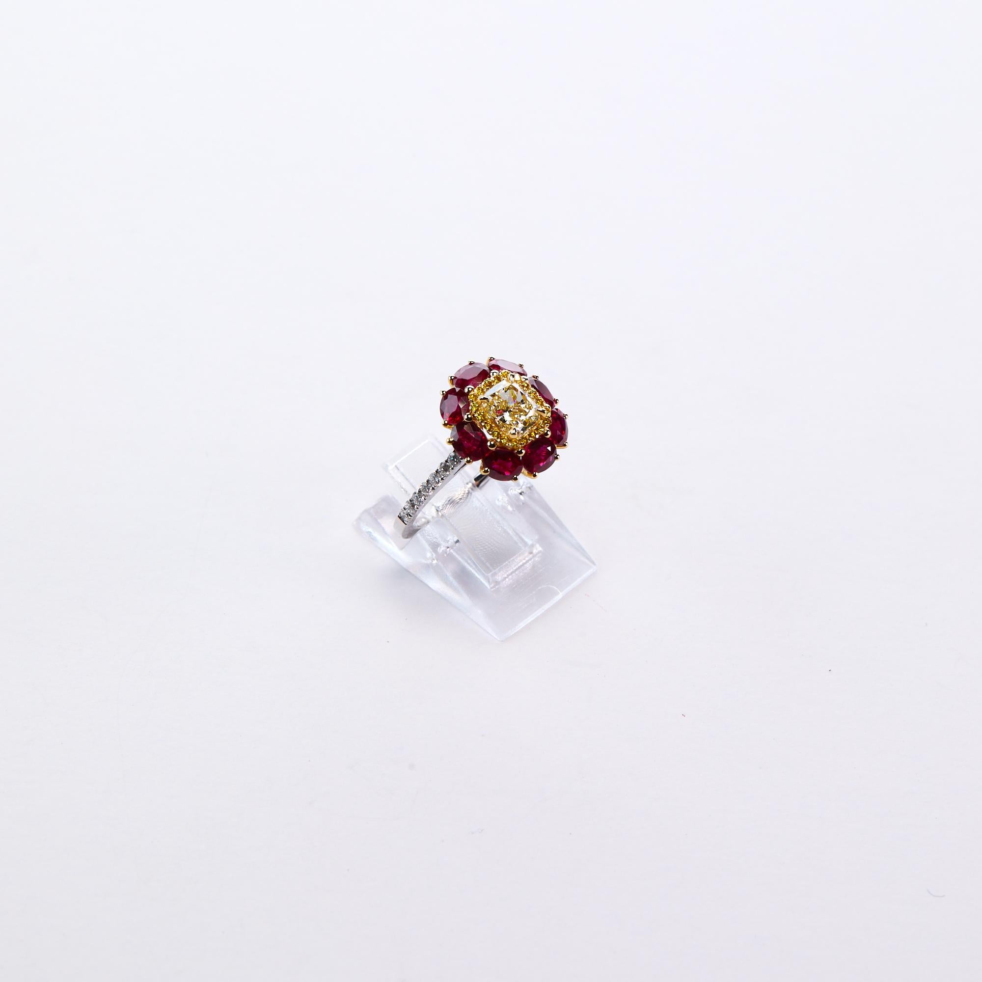 Cushion Cut Certified Fancy Yellow and Ruby Engagement Ring For Sale
