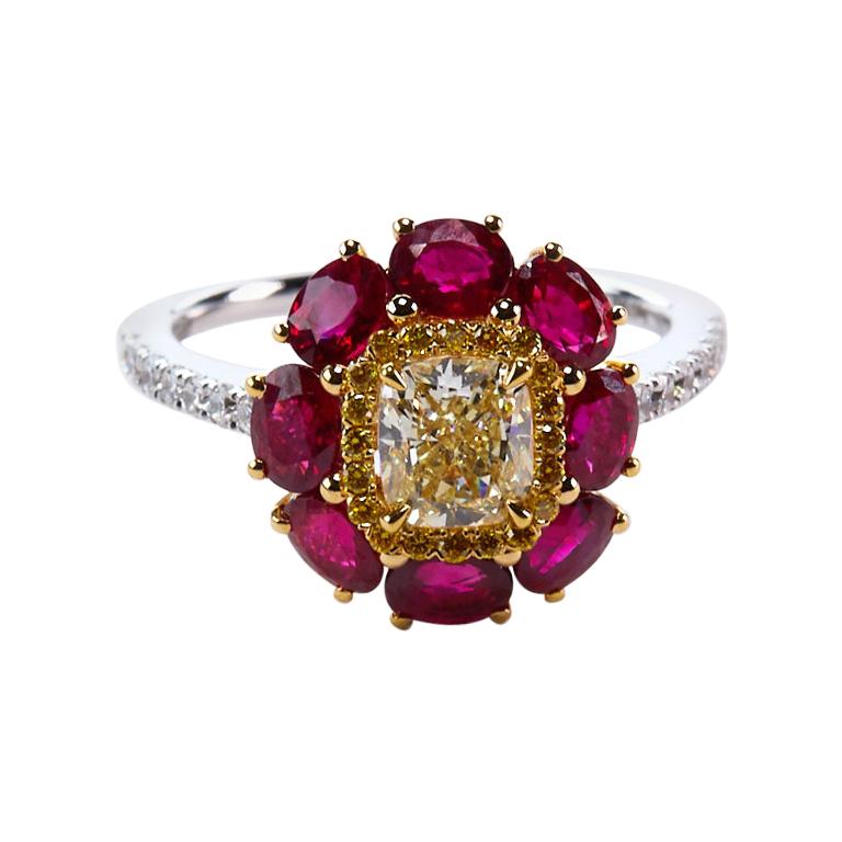 Certified Fancy Yellow and Ruby Engagement Ring For Sale