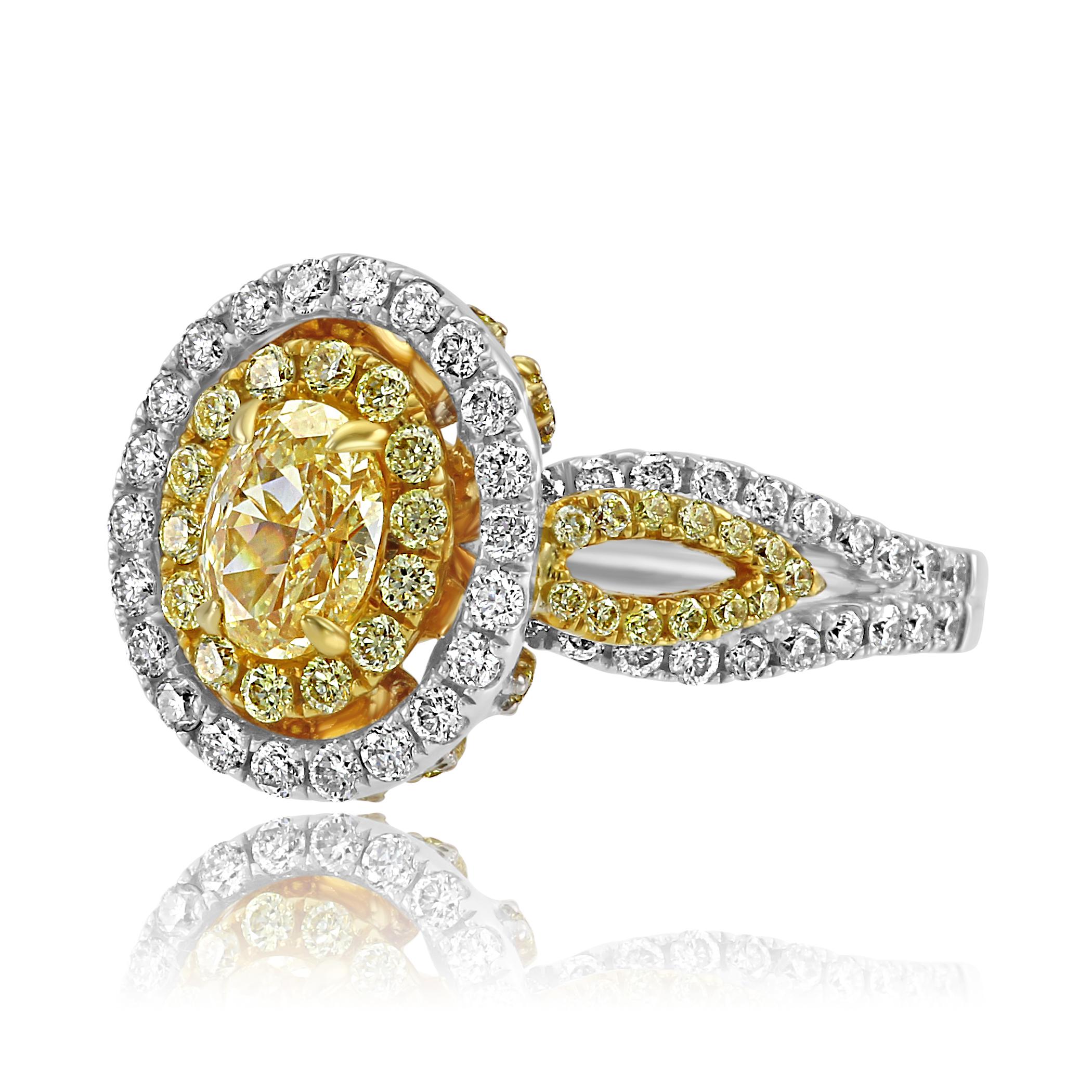 EGL USA certified Natural Fancy Yellow Diamond Oval SI1 Clarity 0.80 carat encircled in a Double Halo of Natural Fancy Yellow Round Diamonds 0.60 Carat White Round Diamond 0.71 Carat in a Gorgeous 18K White and Yellow Gold Bridal Fashion