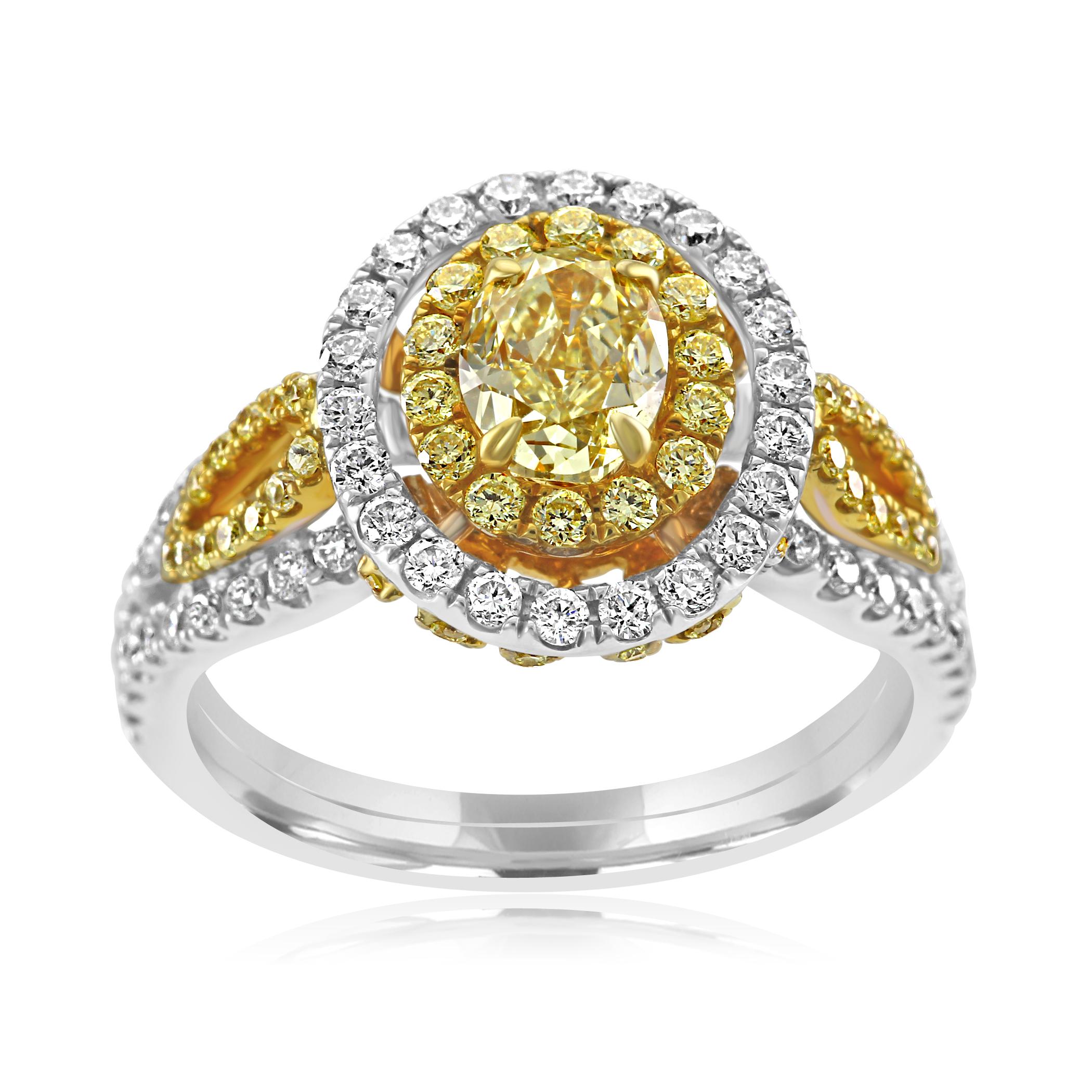 Contemporary Certified Fancy Yellow Oval Double Halo Two-Color Gold Bridal FashionRing