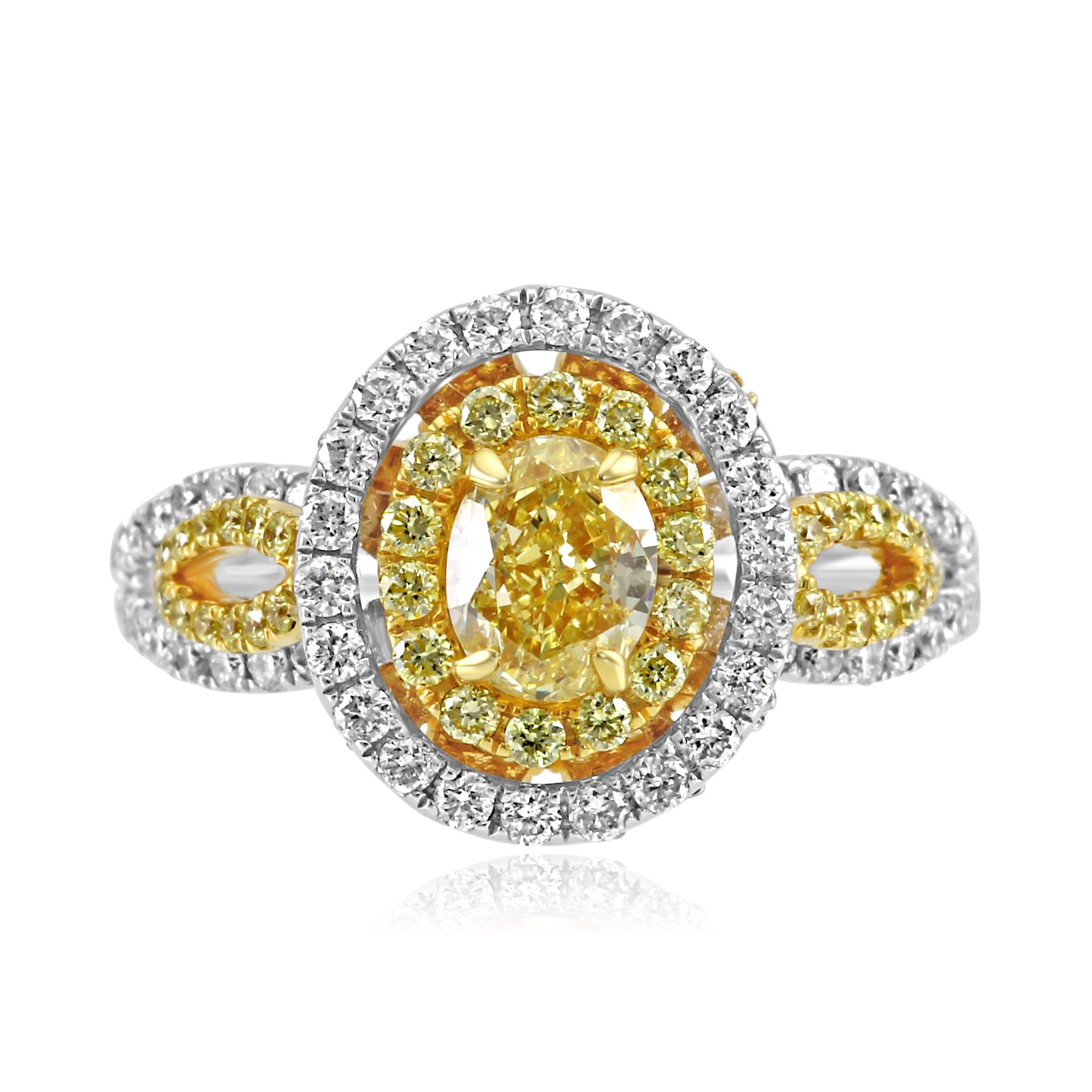 Oval Cut Certified Fancy Yellow Oval Double Halo Two-Color Gold Bridal FashionRing