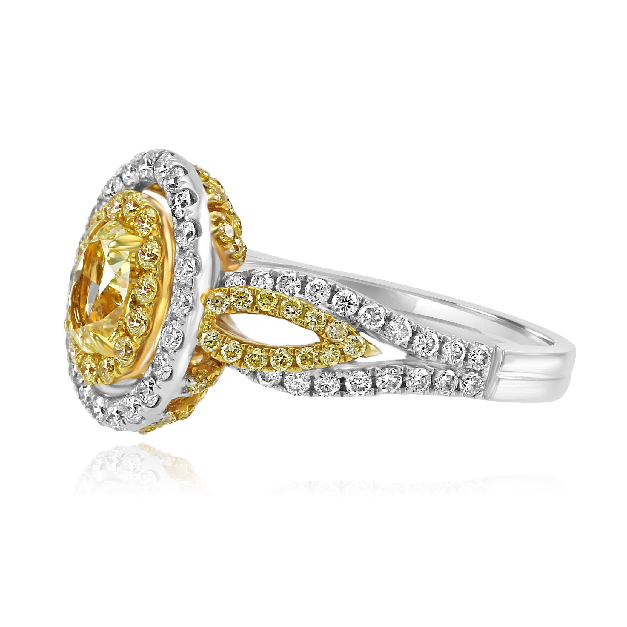 Certified Fancy Yellow Oval Double Halo Two-Color Gold Bridal FashionRing In New Condition In NEW YORK, NY