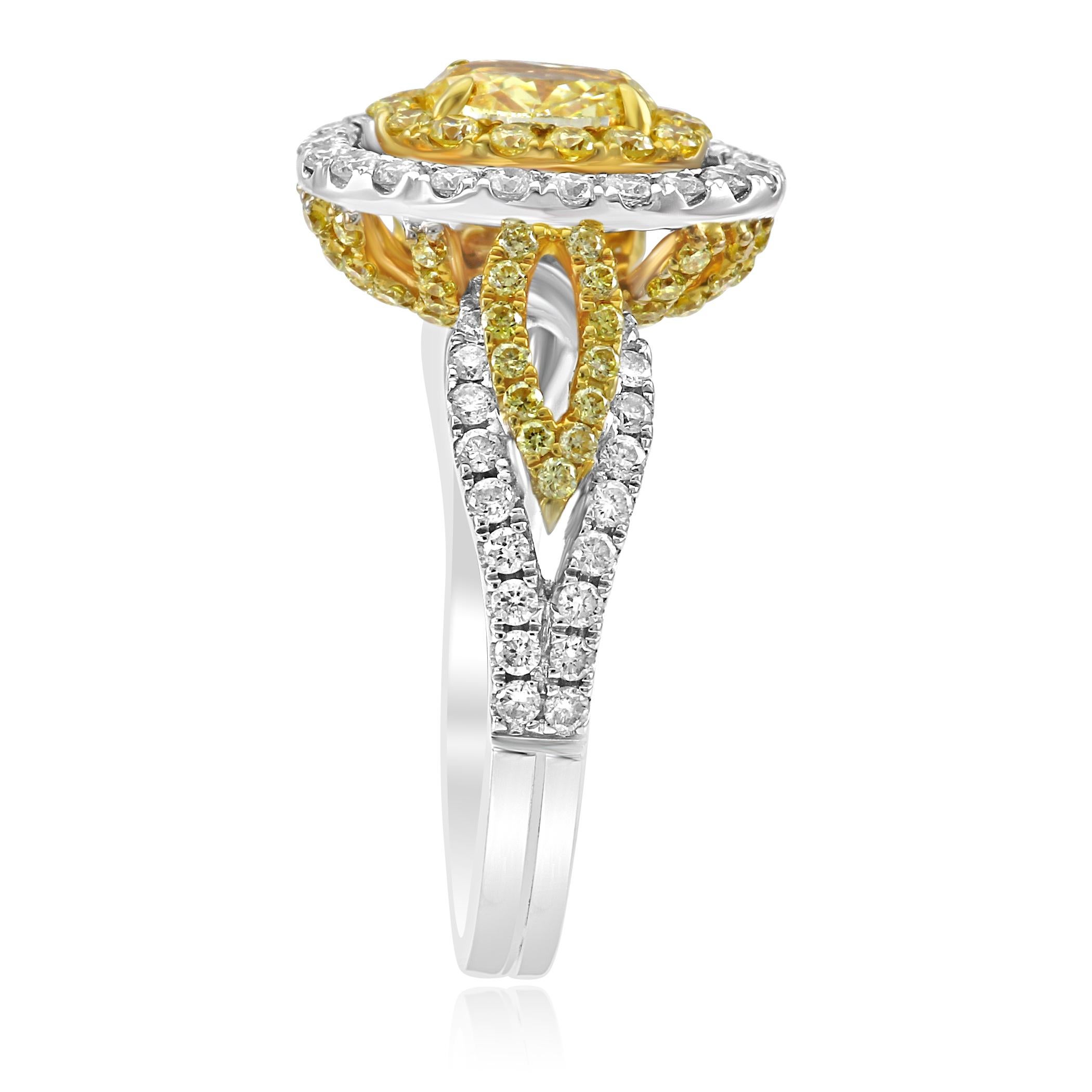 Women's Certified Fancy Yellow Oval Double Halo Two-Color Gold Bridal FashionRing