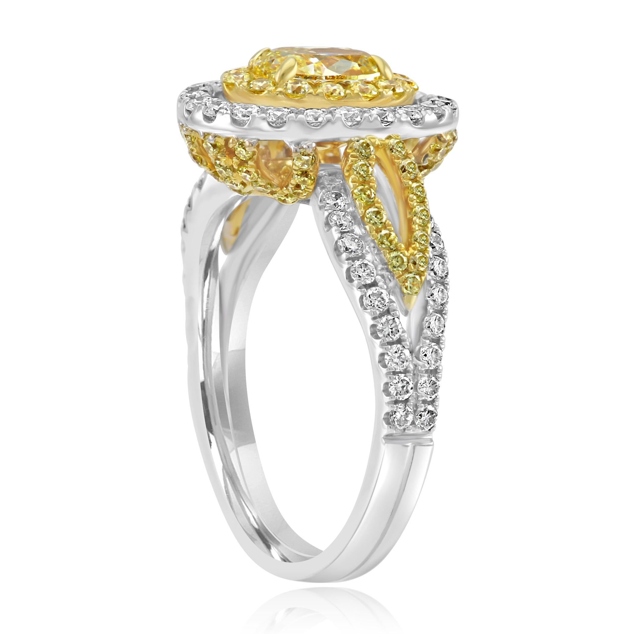 Certified Fancy Yellow Oval Double Halo Two-Color Gold Bridal FashionRing 1