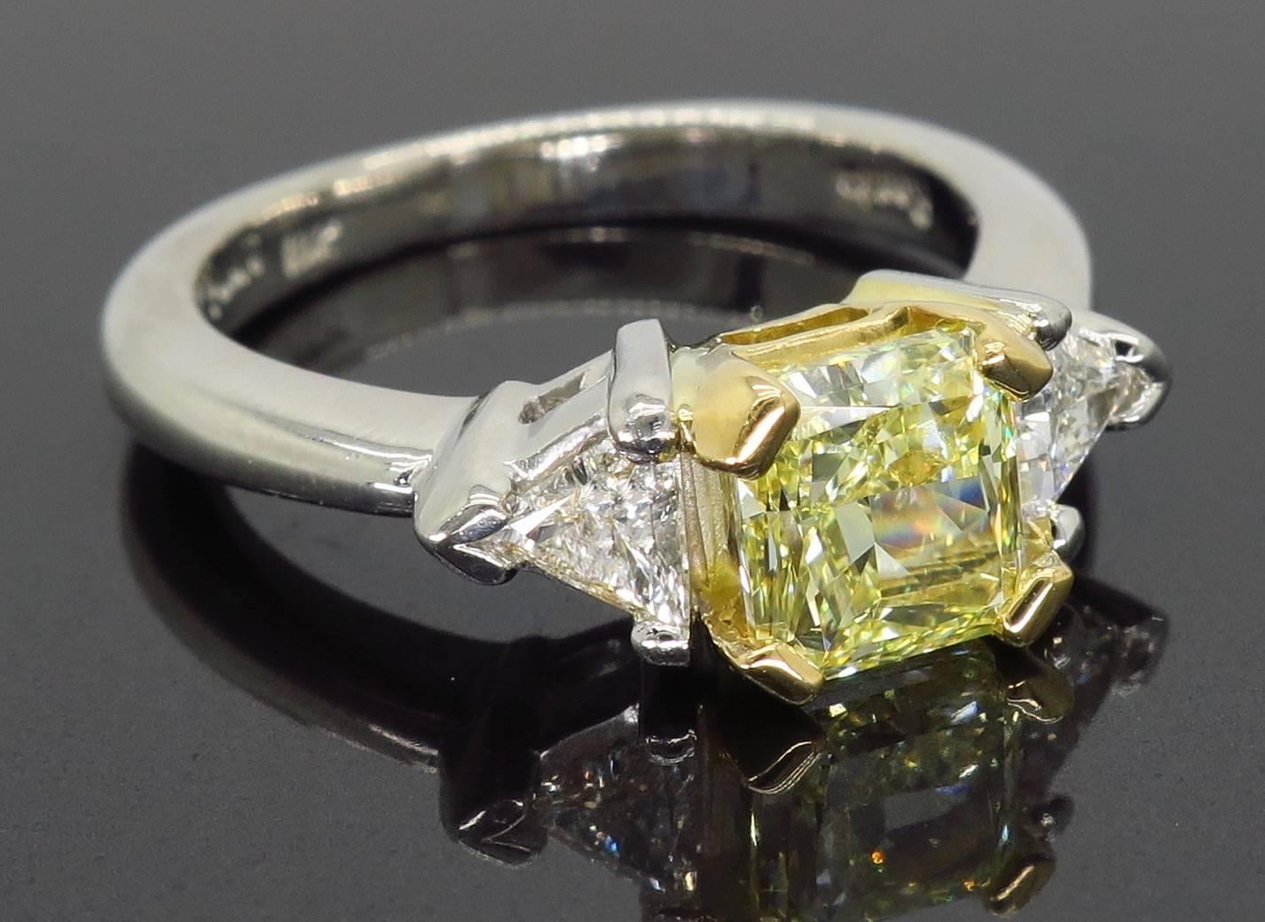 Certified Fancy Yellow Three-Stone Diamond Ring in Platinum and 18 Karat Gold 6