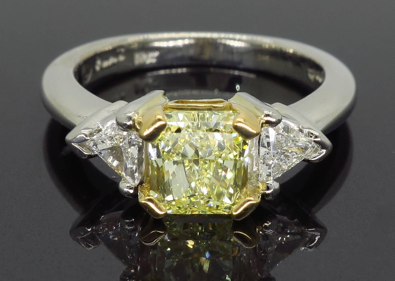 Certified Fancy Yellow Three-Stone Diamond Ring in Platinum and 18 Karat Gold 1