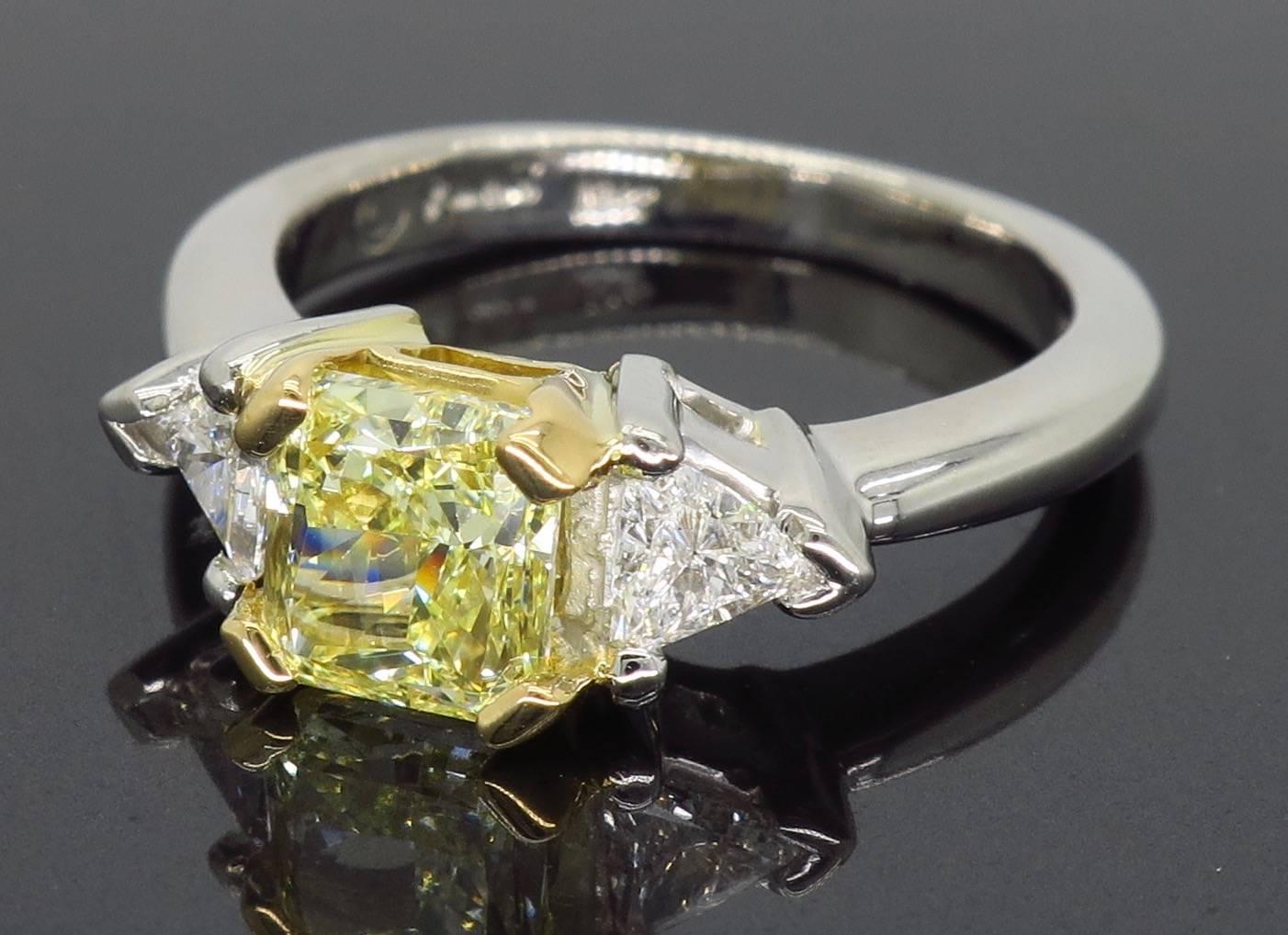 Certified Fancy Yellow Three-Stone Diamond Ring in Platinum and 18 Karat Gold 2